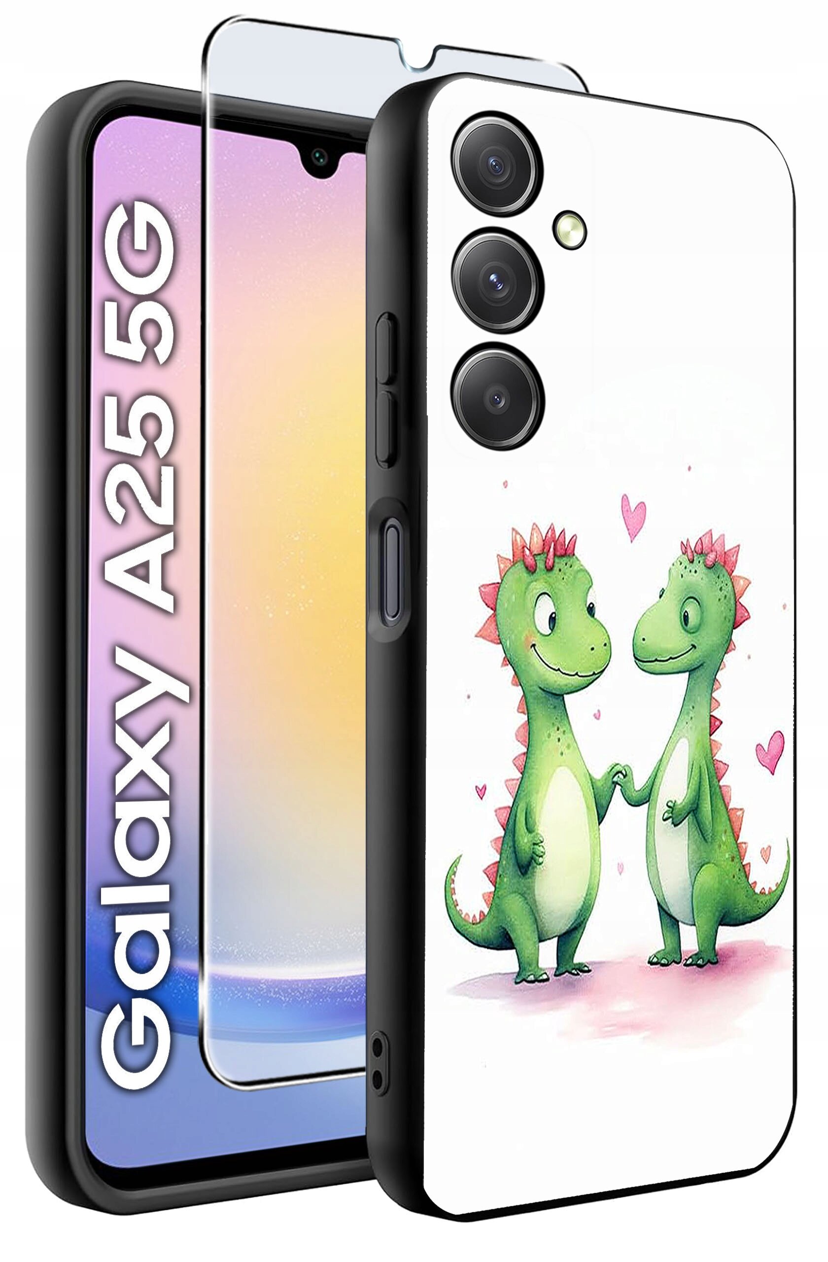 Etui na telefon z grafiką dwóch zielonych dinozaurów trzymających się za ręce, otoczonych różowymi serduszkami. Obok widoczny jest napis \'Galaxy A25 5G\' oraz szkło hartowane na ekran.