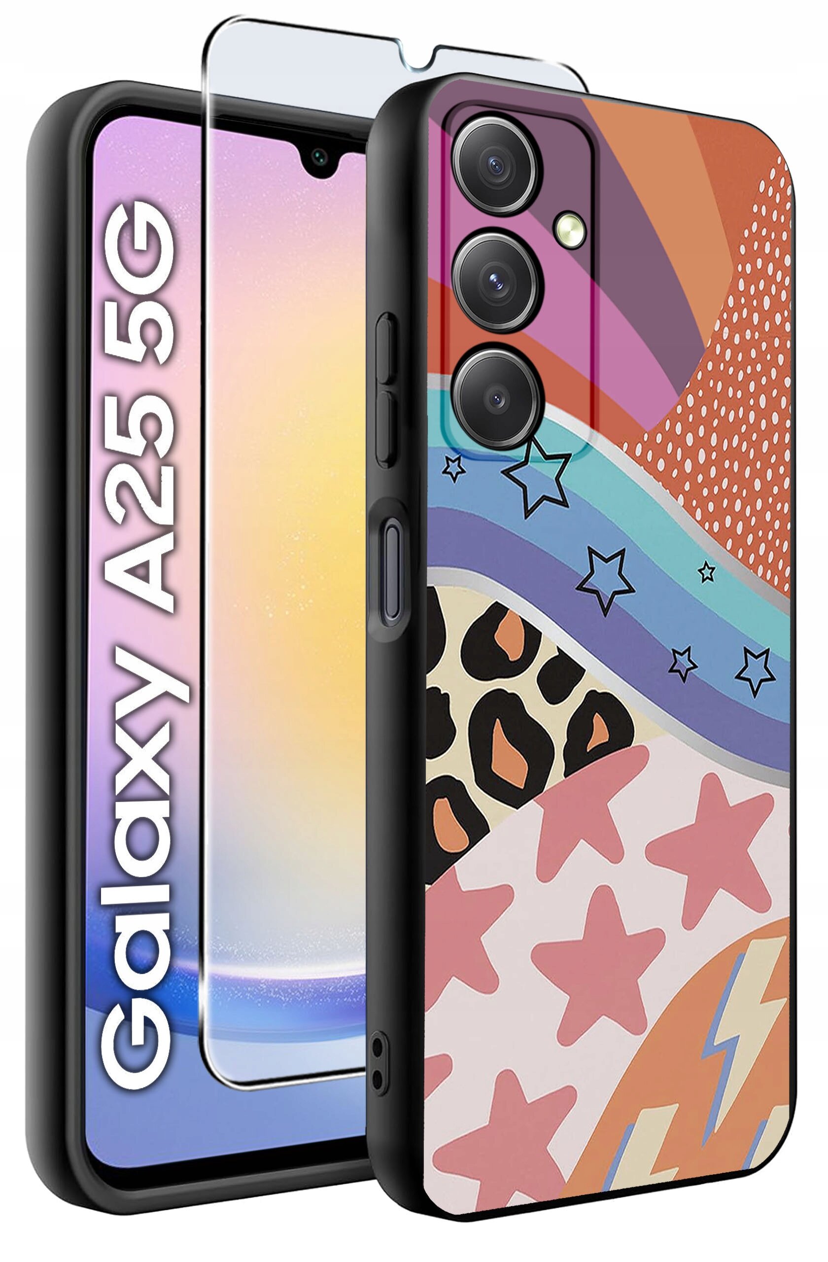 Obraz przedstawia etui na telefon z kolorowym wzorem w gwiazdy, paski i kropki oraz szkło hartowane. Na ekranie telefonu widoczny jest napis \'Galaxy A25 5G\'.