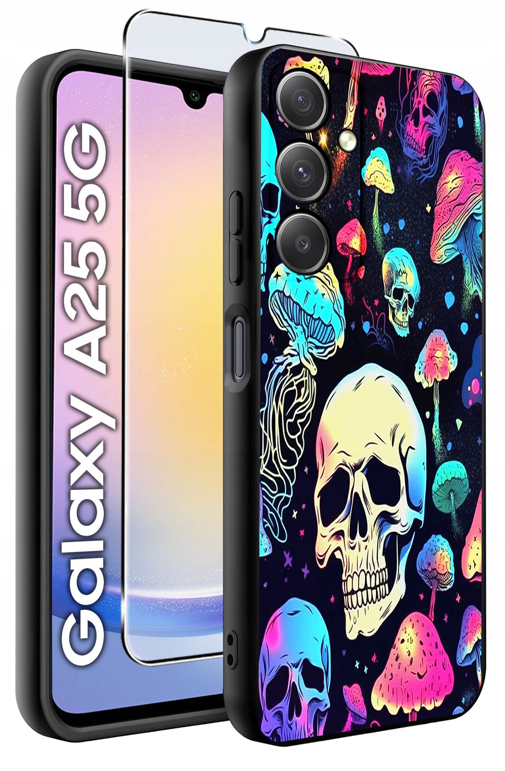 Etui na telefon z kolorowym wzorem czaszek i grzybów, obok którego znajduje się szkło hartowane. Na ekranie telefonu widoczny jest napis \'Galaxy A25 5G\'.