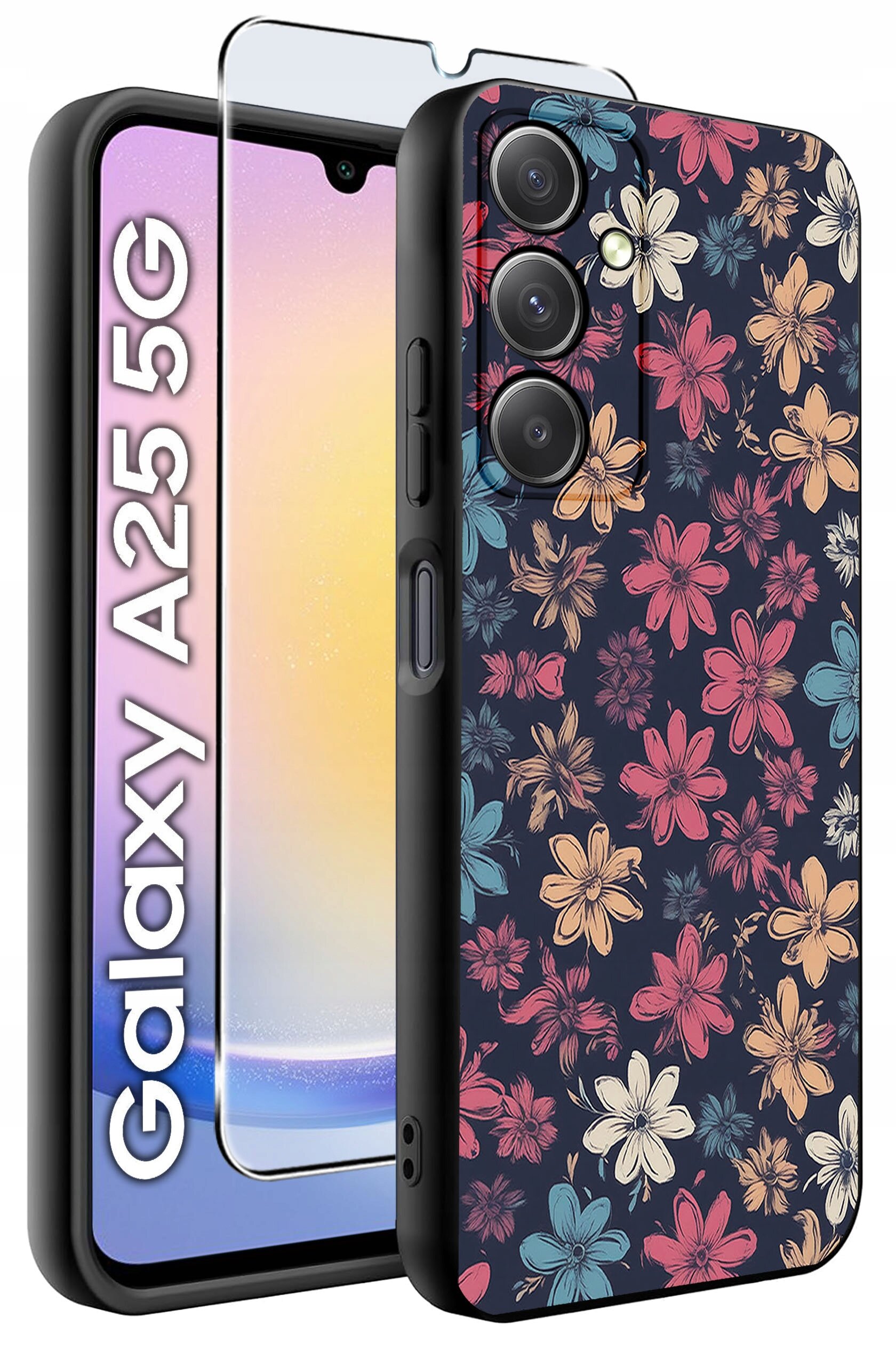 Obraz przedstawia etui na telefon z kolorowym wzorem kwiatowym oraz szkło hartowane. Widoczny jest napis \'Galaxy A25 5G\'.