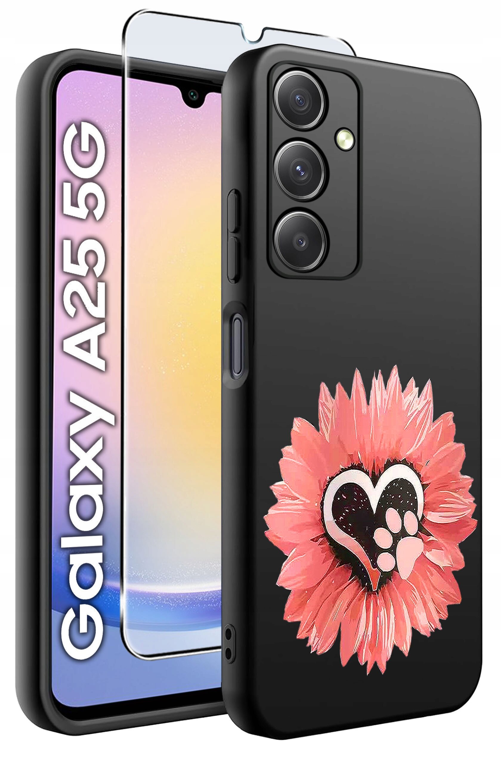 Czarne etui z różowym kwiatem i sercem z odciskiem łapy na środku. Obok znajduje się szkło hartowane oraz napis \'Galaxy A25 5G\'.