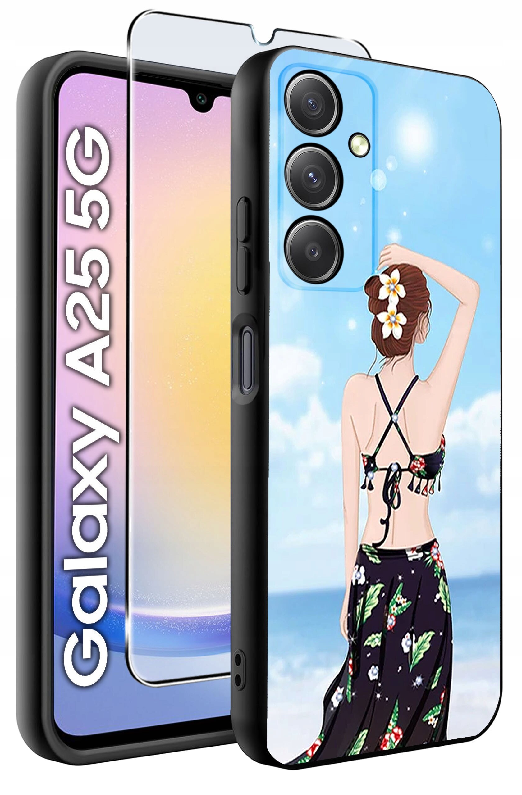 Etui na telefon z grafiką przedstawiającą osobę na plaży, z kwiatami we włosach, w stroju kąpielowym i spódnicy. Obok widoczny jest napis \'Galaxy A25 5G\' oraz szkło hartowane.