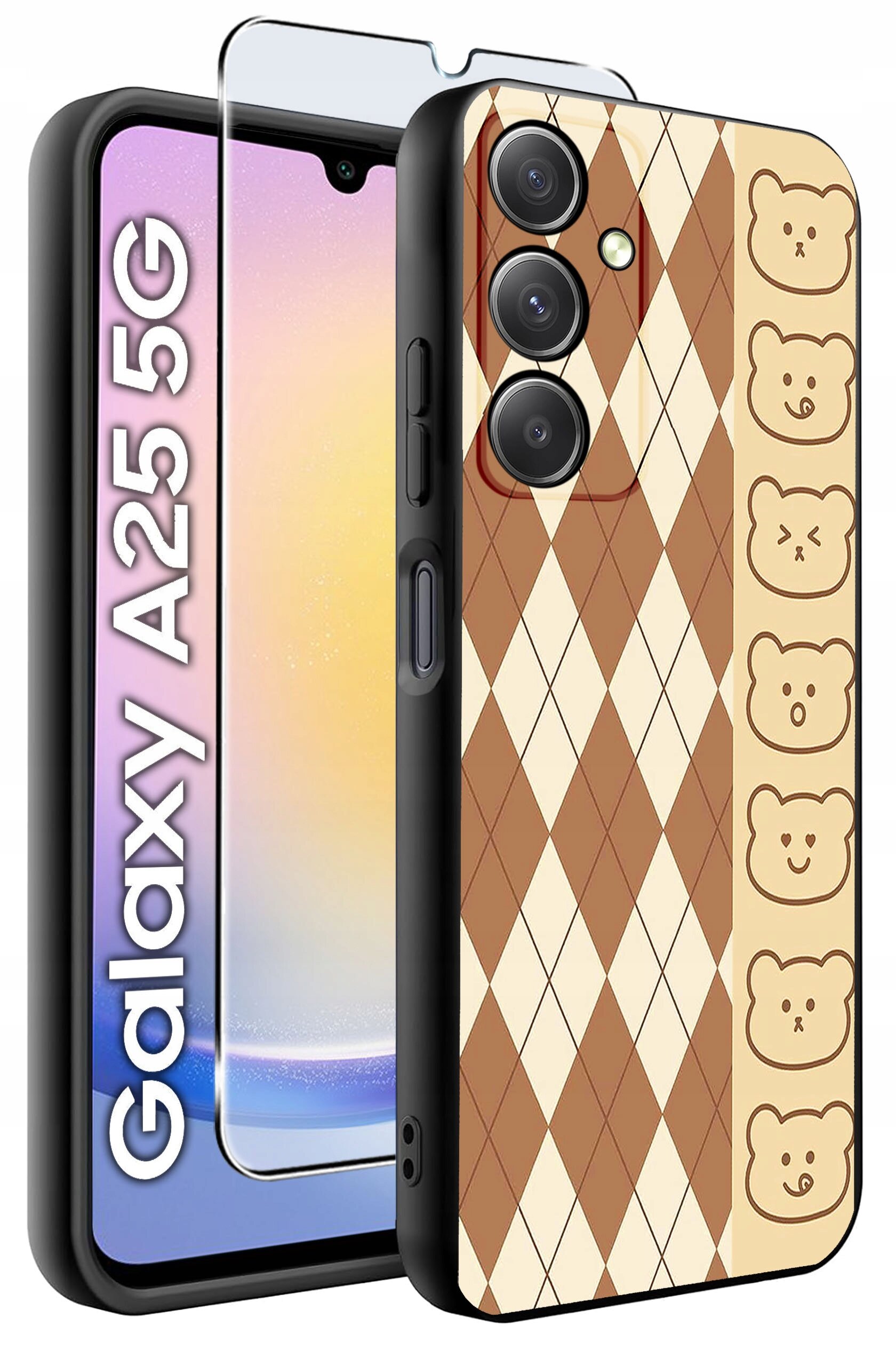 Etui do telefonu z wzorem w romby i rysunkami misiów, obok szkło hartowane. Widoczny napis: \'Galaxy A25 5G\'.