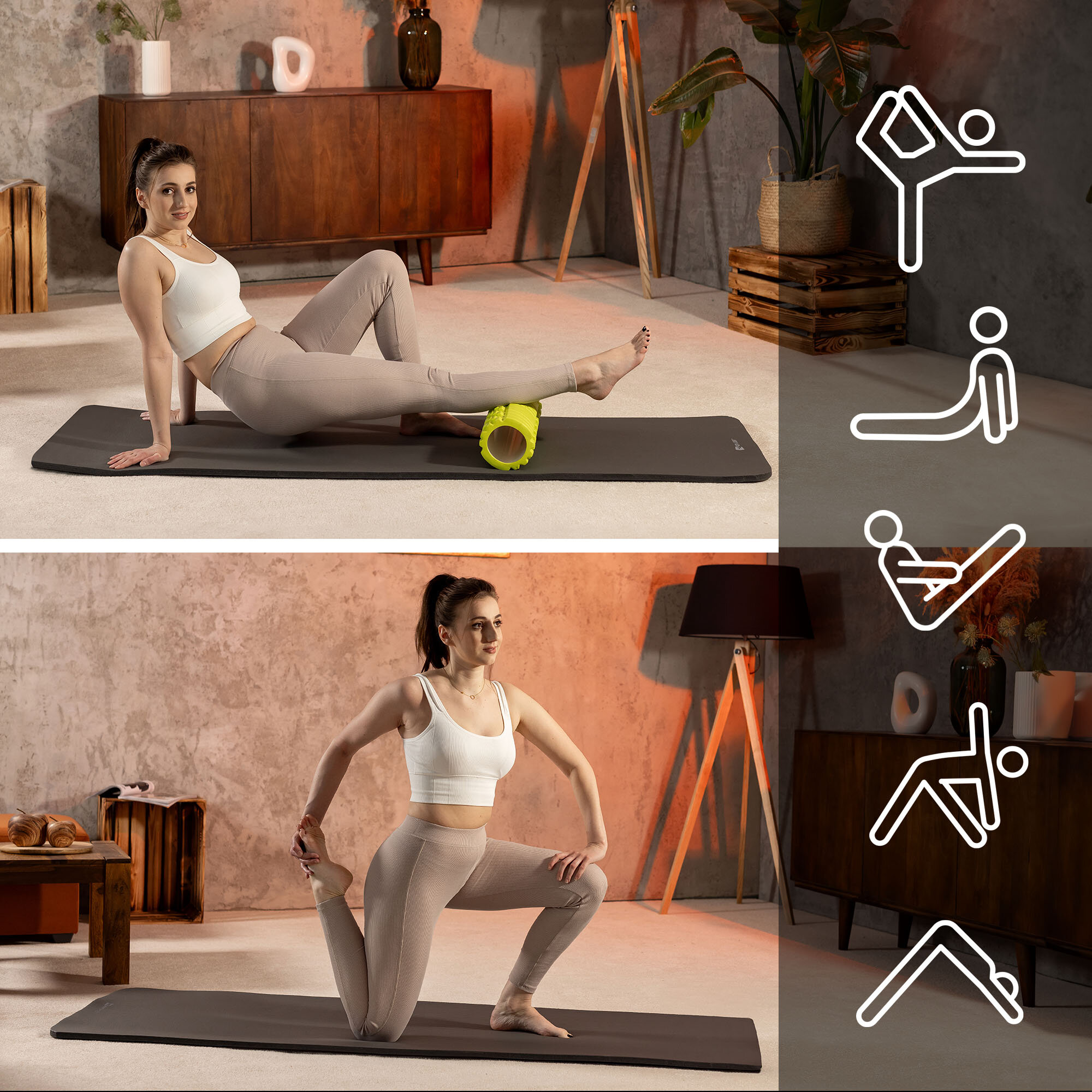 Dwie kobiety ćwiczą na szarej macie fitness w pomieszczeniu z drewnianymi meblami i roślinami. Obok znajdują się ikony przedstawiające różne pozycje ćwiczeń.