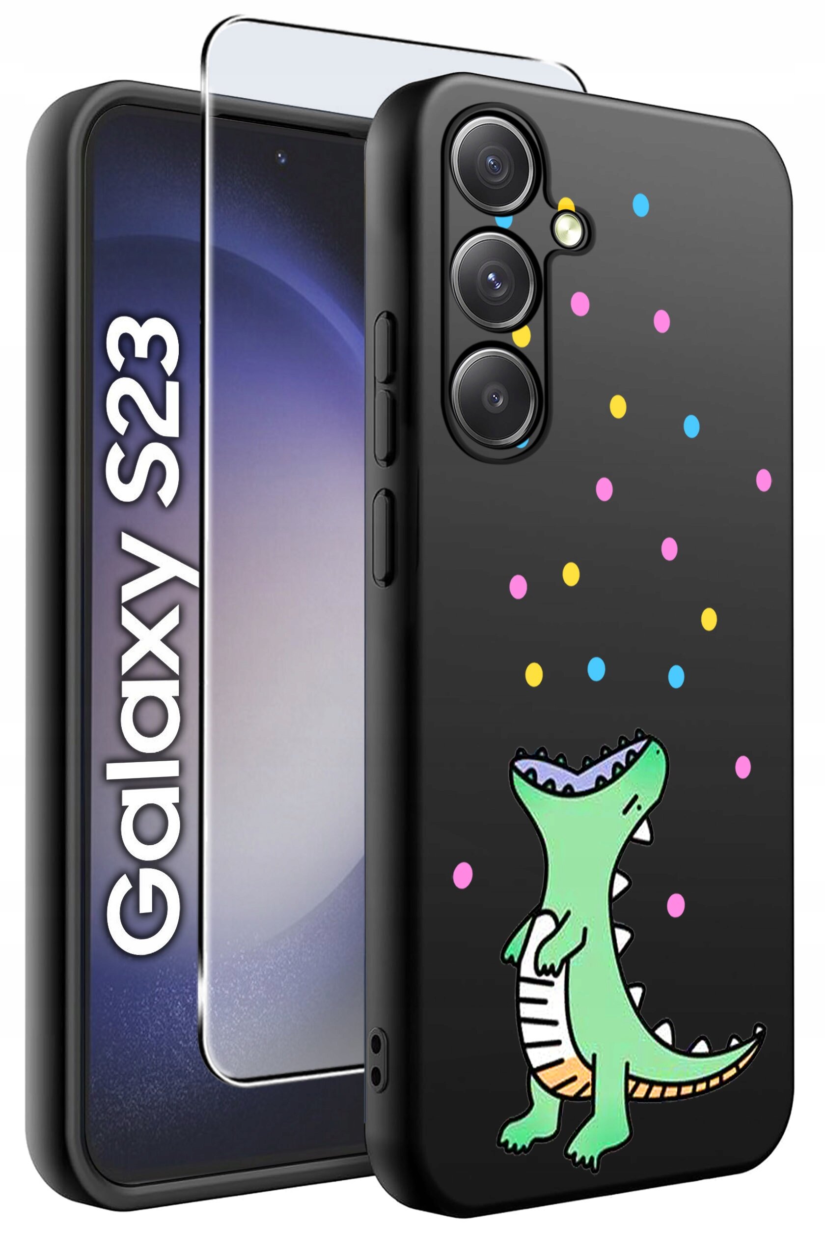 Czarne etui na telefon z kolorowym wzorem dinozaura i kolorowymi kropkami. Obok etui znajduje się szkło ochronne oraz napis \'Galaxy S23\'.
