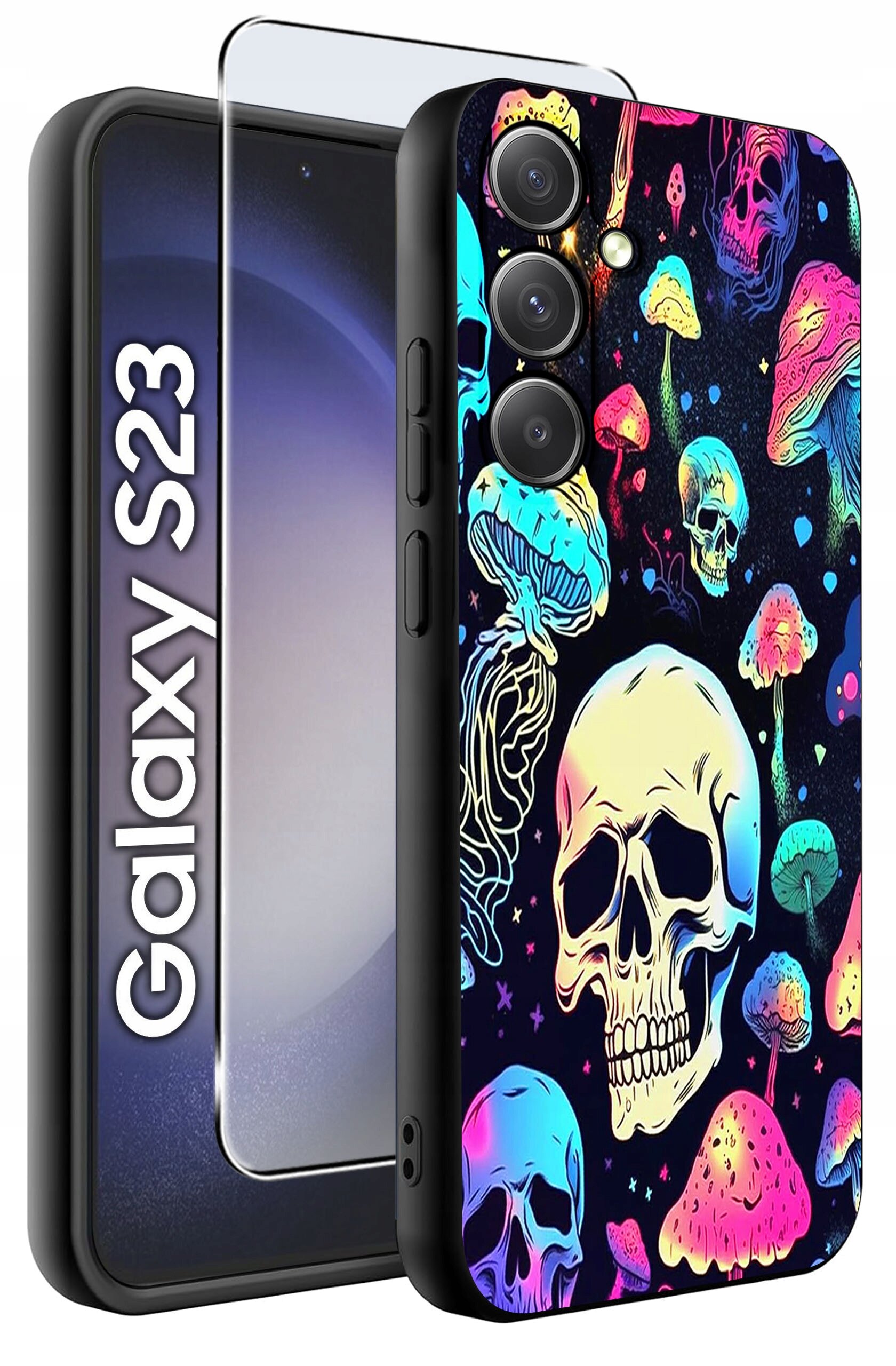 Etui na telefon z kolorowym wzorem czaszek i grzybów, obok którego znajduje się szkło ochronne. Widoczny napis: \'Galaxy S23\'.