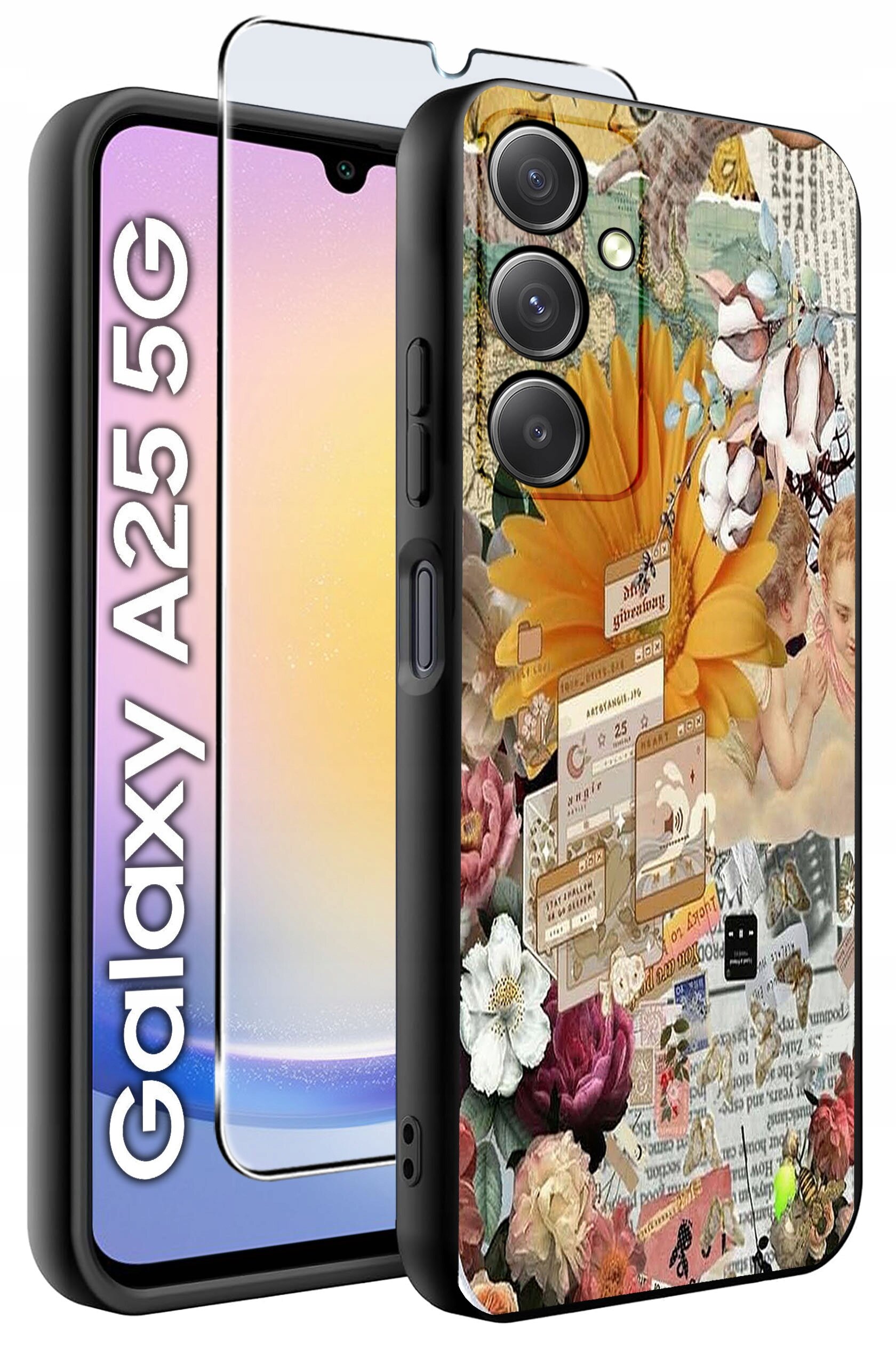 Obraz przedstawia etui na telefon z kolorowym, kwiatowym wzorem oraz szkło hartowane. Obok widoczny jest napis \'Galaxy A25 5G\'.