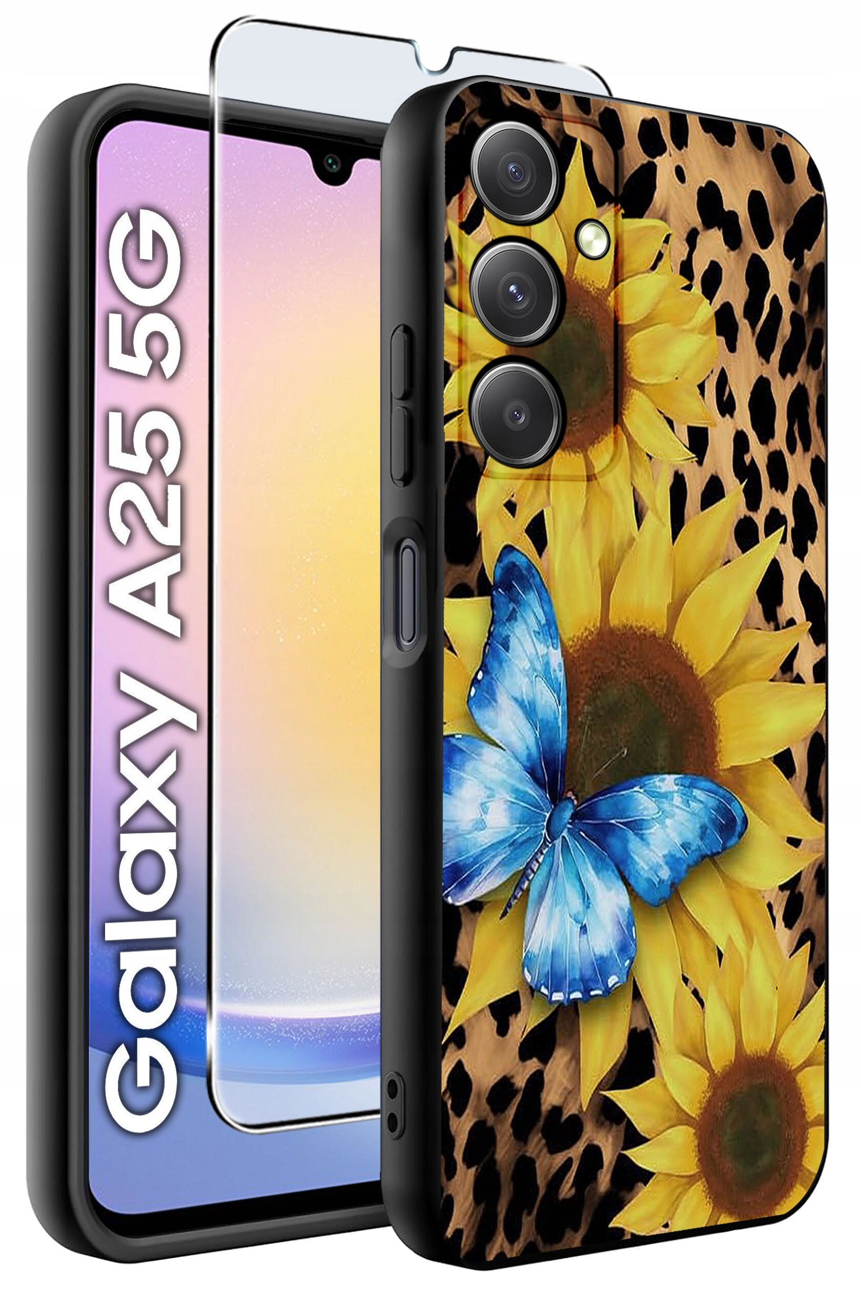 Etui na telefon z motywem słoneczników i niebieskiego motyla na tle w cętki, obok szkło hartowane. Widoczny napis: \'Galaxy A25 5G\'.