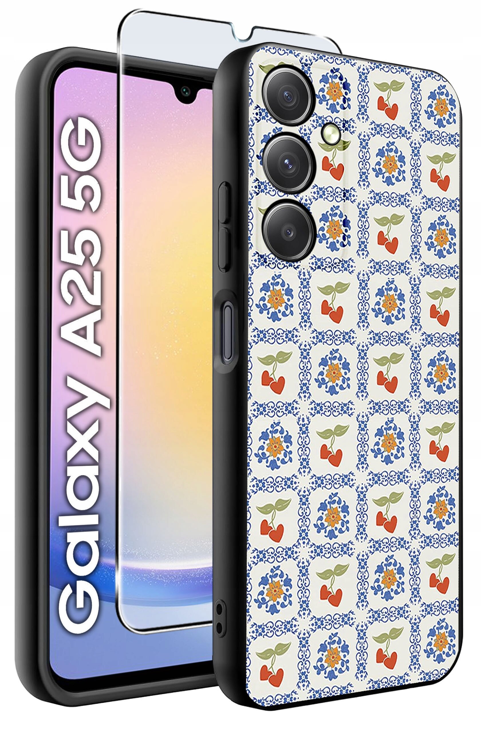Etui na telefon z wzorem w kwiaty i owoce, obok którego znajduje się szkło hartowane. Na ekranie telefonu widoczny jest napis \'Galaxy A25 5G\'.