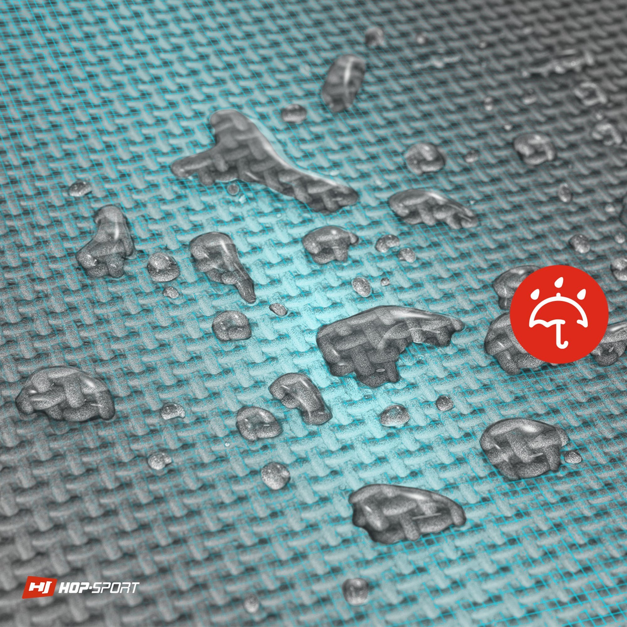 Szara mata puzzle z widocznymi kroplami wody na powierzchni. W prawym dolnym rogu znajduje się logo \'HOP-SPORT\' oraz czerwony symbol parasola.