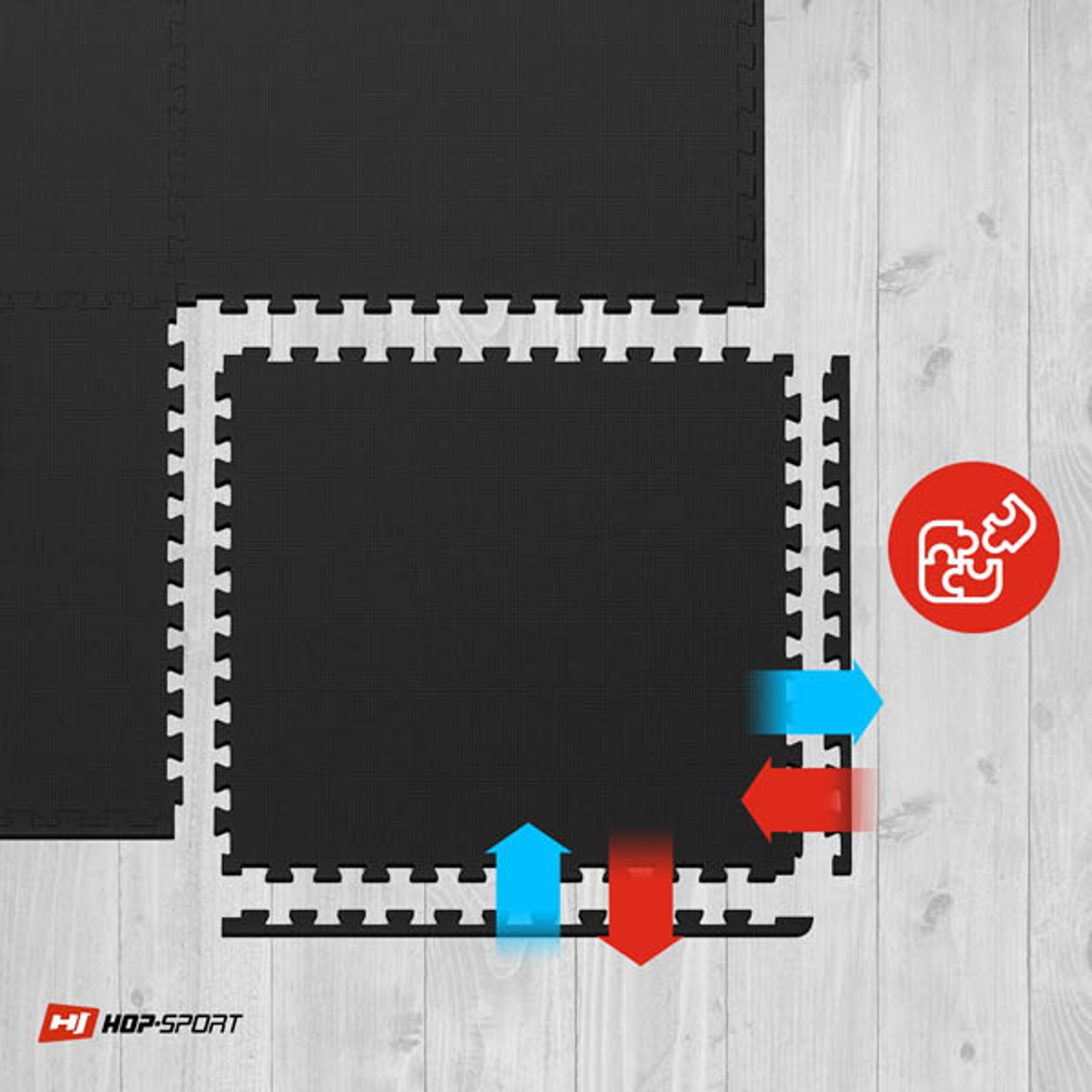 Czarna mata puzzle EVA o grubości 1 cm, składająca się z elementów z ząbkowanymi krawędziami. W prawym dolnym rogu widoczne jest logo HOP-SPORT oraz czerwony symbol puzzli.