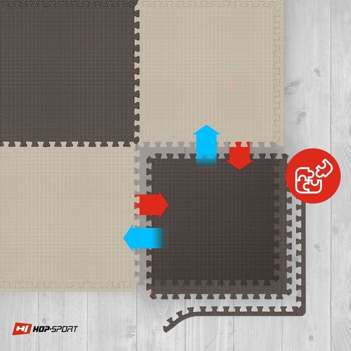 Obraz przedstawia cztery połączone maty puzzle w kolorach brązowym i beżowym na drewnianej podłodze. W lewym dolnym rogu znajduje się logo \'HOP-SPORT\', a po prawej stronie ikona z puzzlami i strzałkami wskazującymi kierunek łączenia mat.