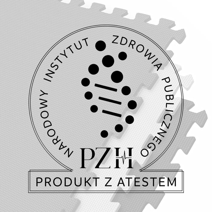 Na obrazie widoczna jest mata puzzle z teksturą, a na niej znajduje się okrągłe logo z napisem \'NARODOWY INSTYTUT ZDROWIA PUBLICZNEGO PZH\' oraz \'PRODUKT Z ATESTEM\'.