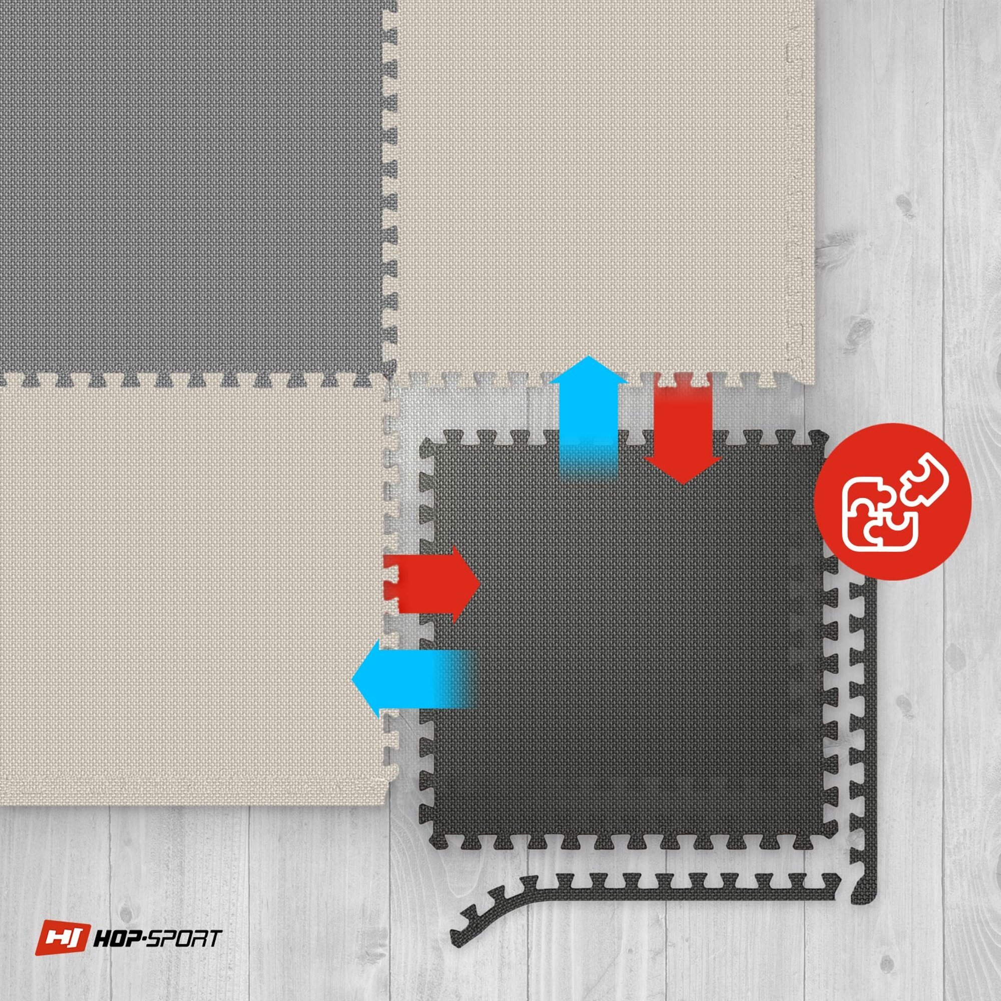 Obraz przedstawia czarno-biało-szare maty puzzle EVA ułożone na drewnianej podłodze. W lewym dolnym rogu widoczne jest logo \'HOP-SPORT\'.