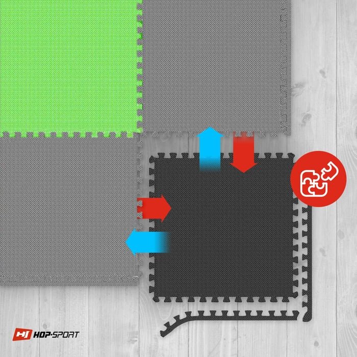 Obraz przedstawia czarno-szaro-zieloną matę puzzle EVA złożoną z kilku elementów, z widocznymi strzałkami wskazującymi kierunek łączenia. W lewym dolnym rogu znajduje się logo \'HOP-SPORT\'.