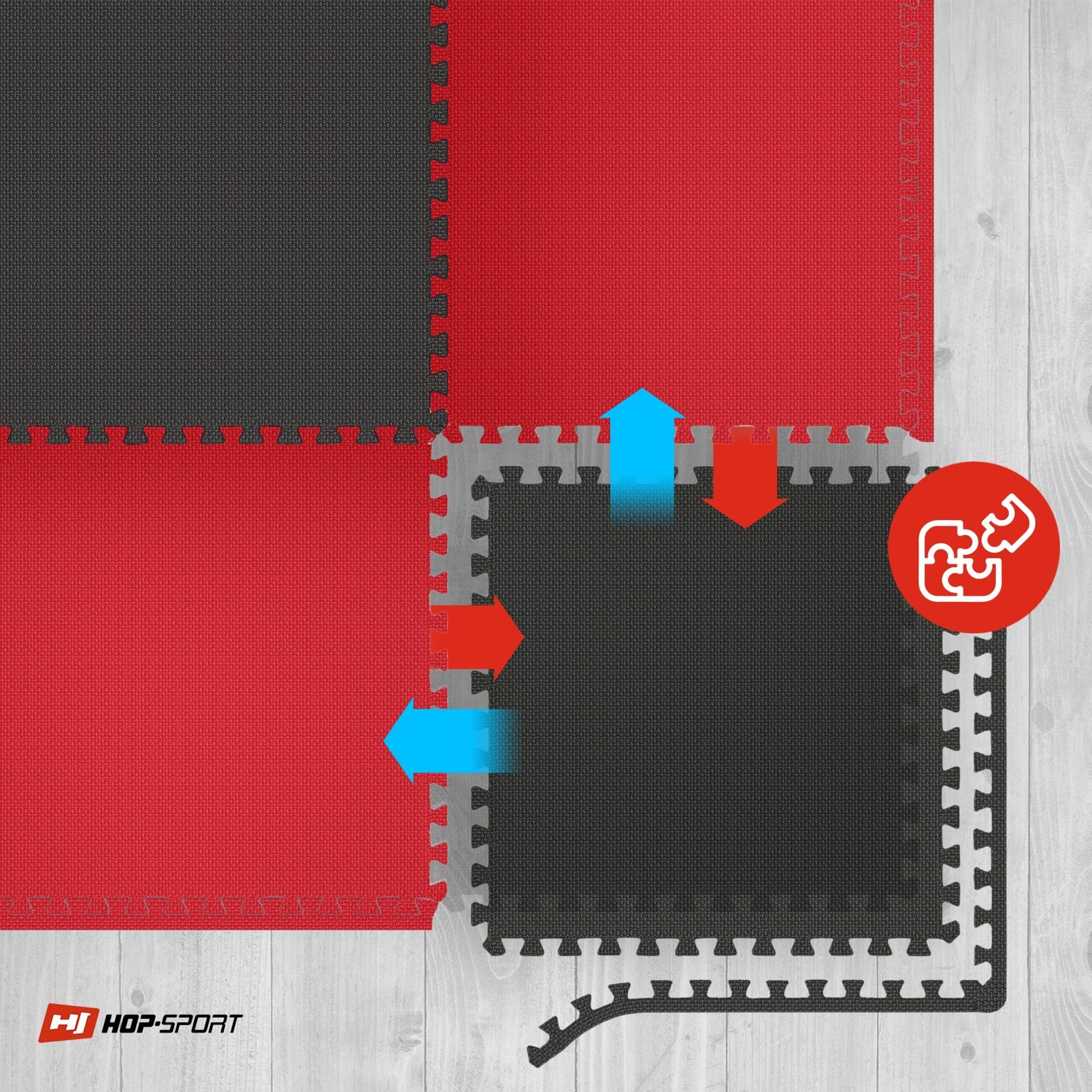 Obraz przedstawia czarno-czerwone maty puzzle EVA ułożone na drewnianej podłodze. W lewym dolnym rogu widoczne jest logo \'HOP-SPORT\'.