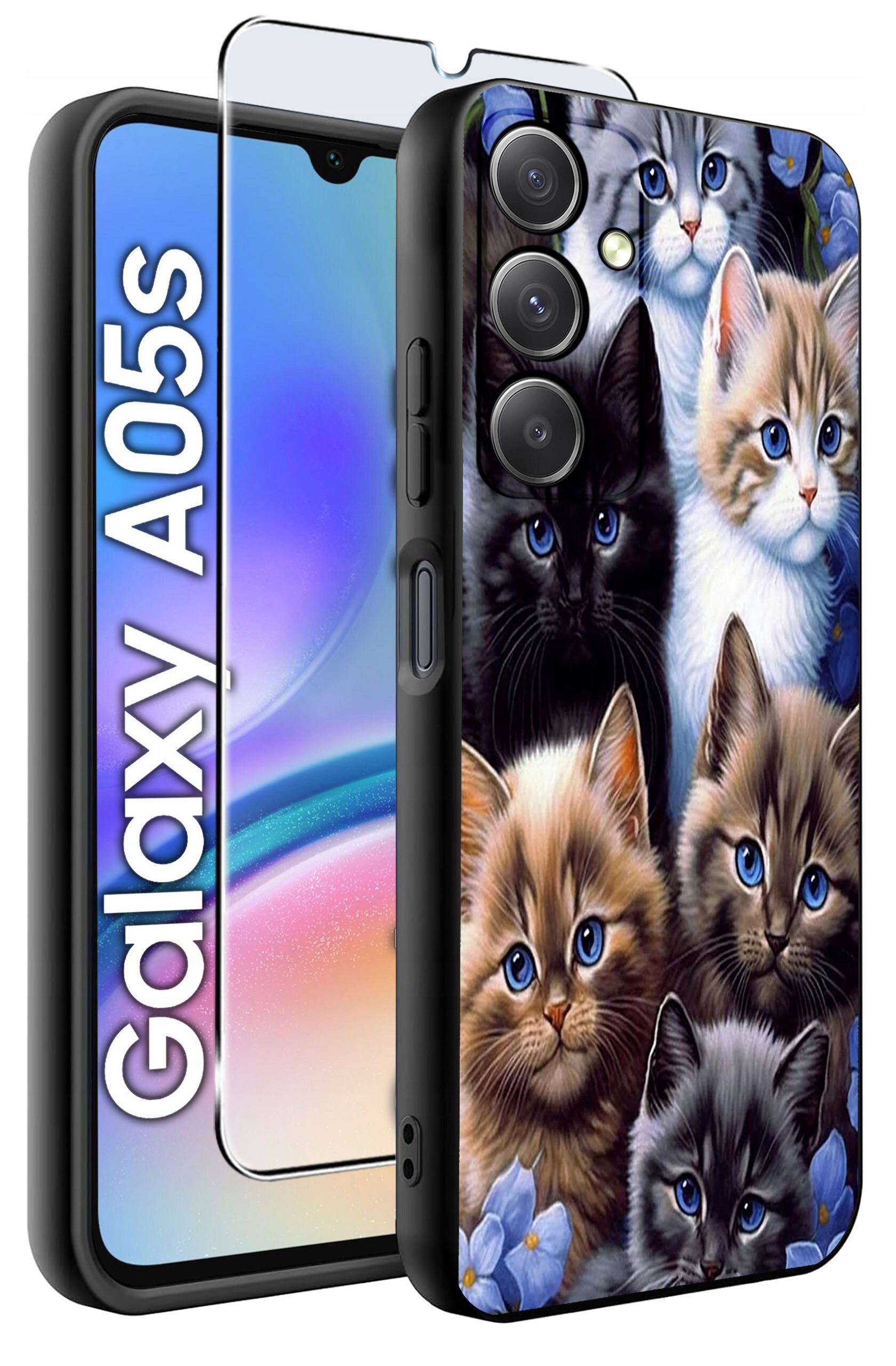Etui na telefon z nadrukiem przedstawiającym kilka kotów oraz szkło ochronne na ekran. Obok widoczny jest napis \'Galaxy A05s\'.