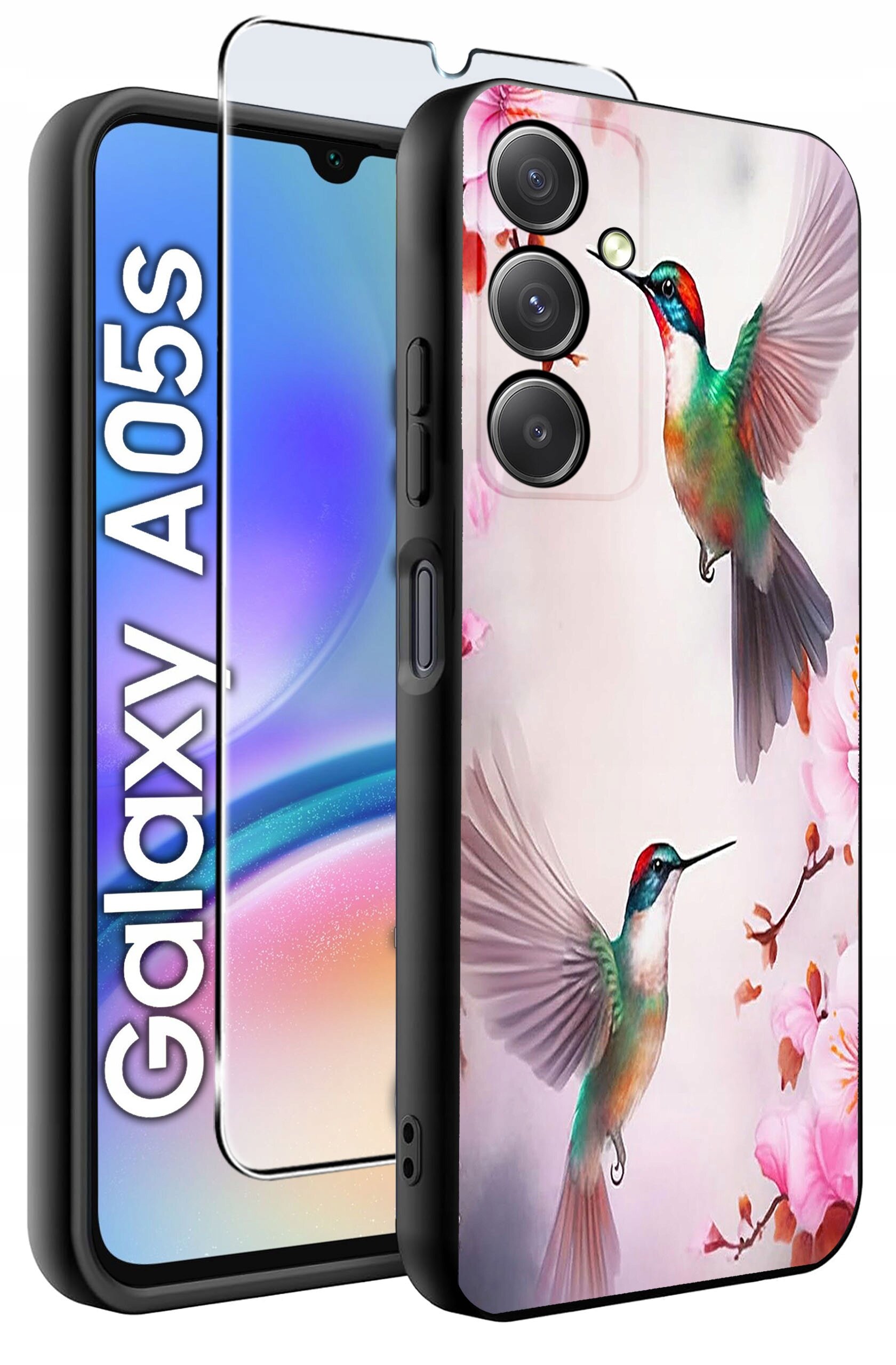 Obraz przedstawia etui na telefon z kolorowym wzorem kolibrów i kwiatów, obok którego znajduje się szkło ochronne. Na ekranie telefonu widoczny jest napis \'Galaxy A05s\'.