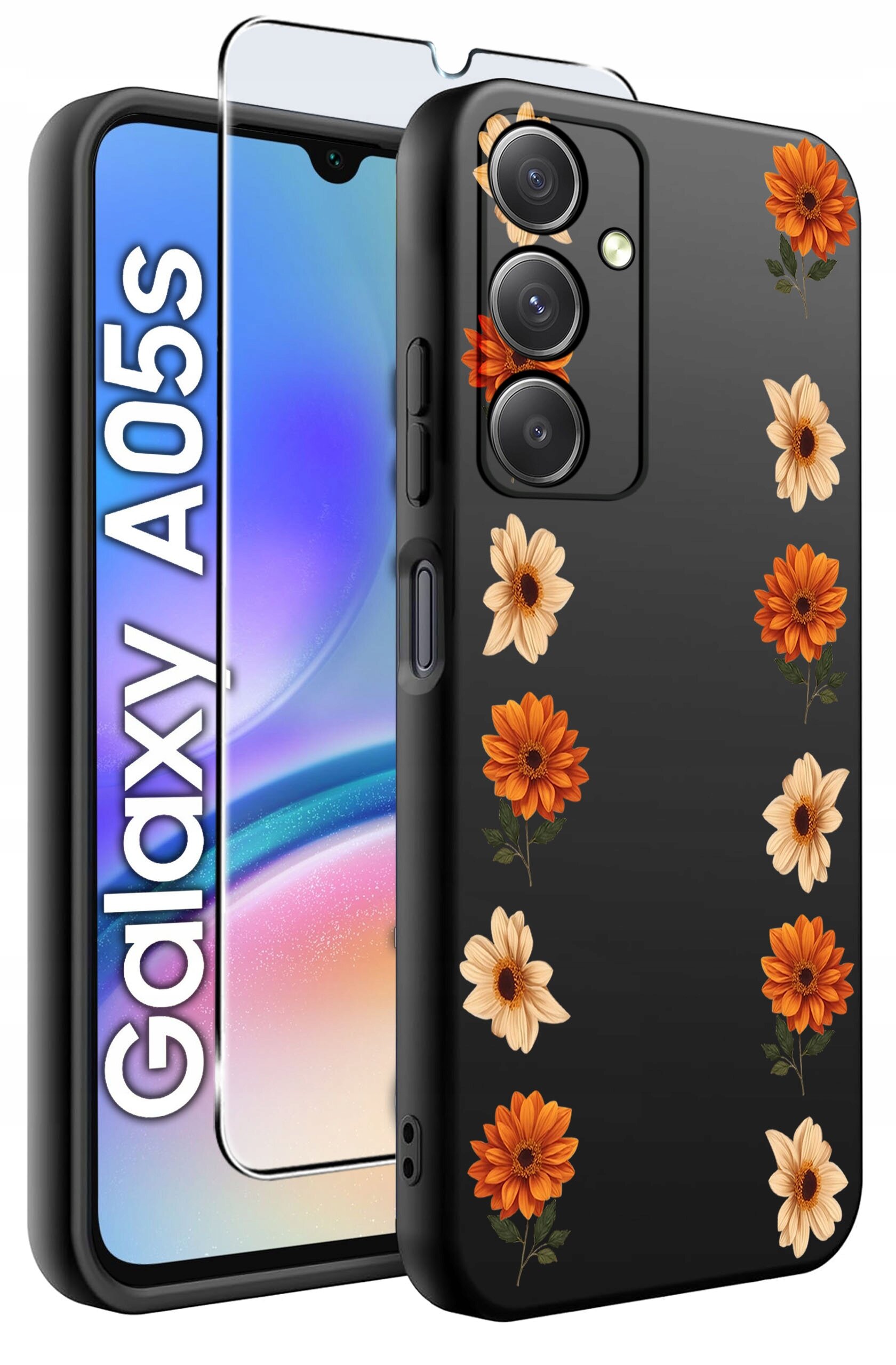Obraz przedstawia czarne etui na telefon z wzorem pomarańczowych i kremowych kwiatów oraz szkło ochronne. Obok widoczny jest telefon z napisem \'Galaxy A05s\'.