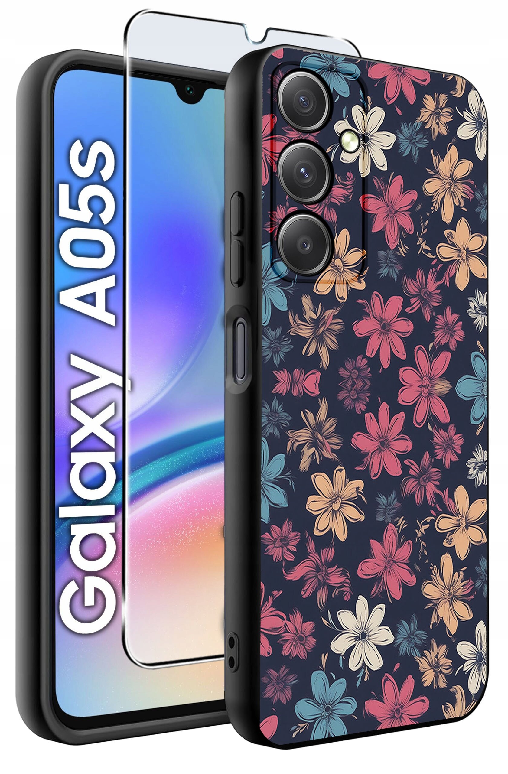 Obraz przedstawia etui na telefon z kolorowym wzorem kwiatowym oraz szkło ochronne. Na ekranie telefonu widoczny jest napis \'Galaxy A05s\'.