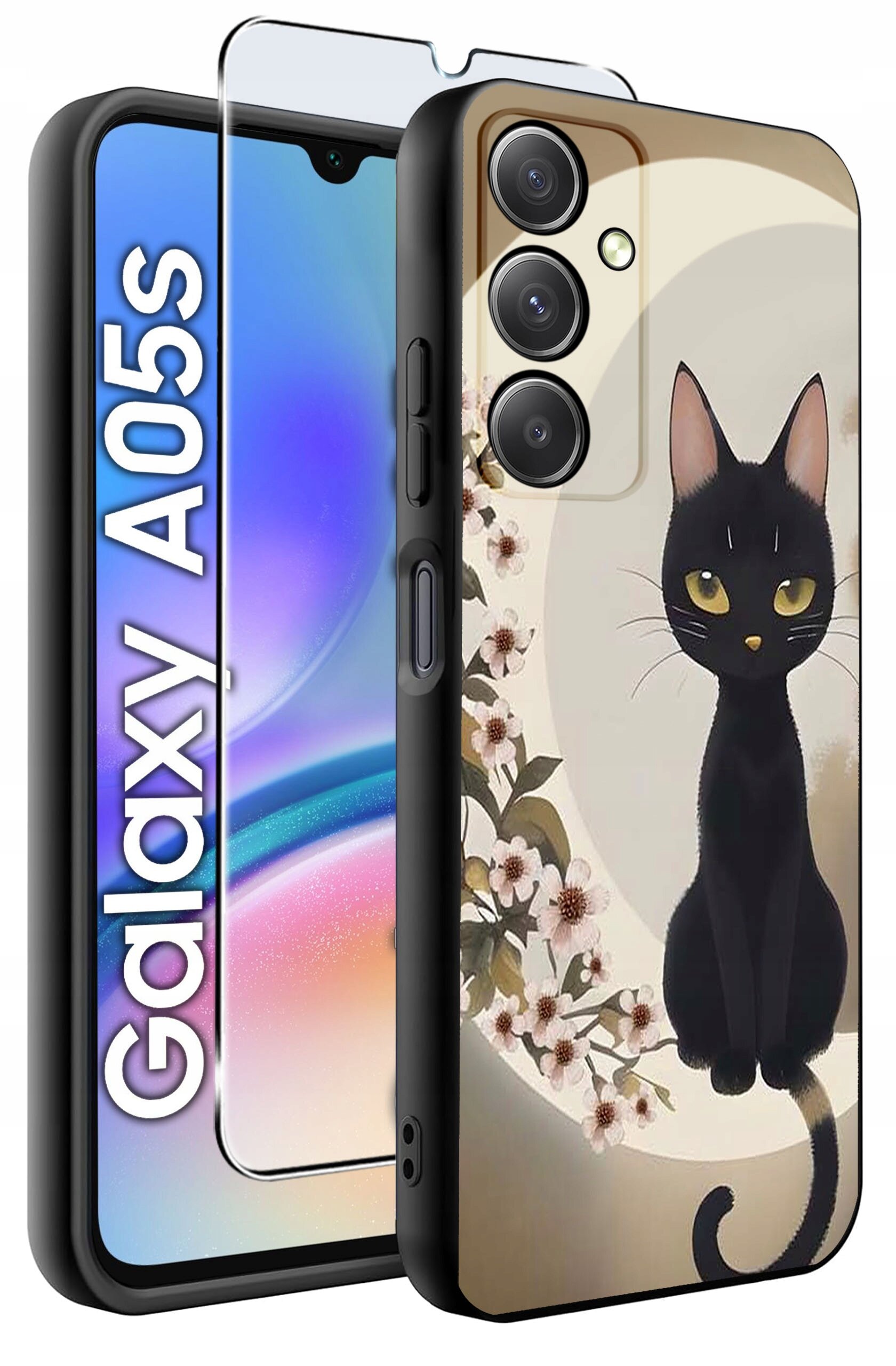 Etui na telefon z nadrukiem czarnego kota i kwiatów, obok widoczny napis \'Galaxy A05s\'.