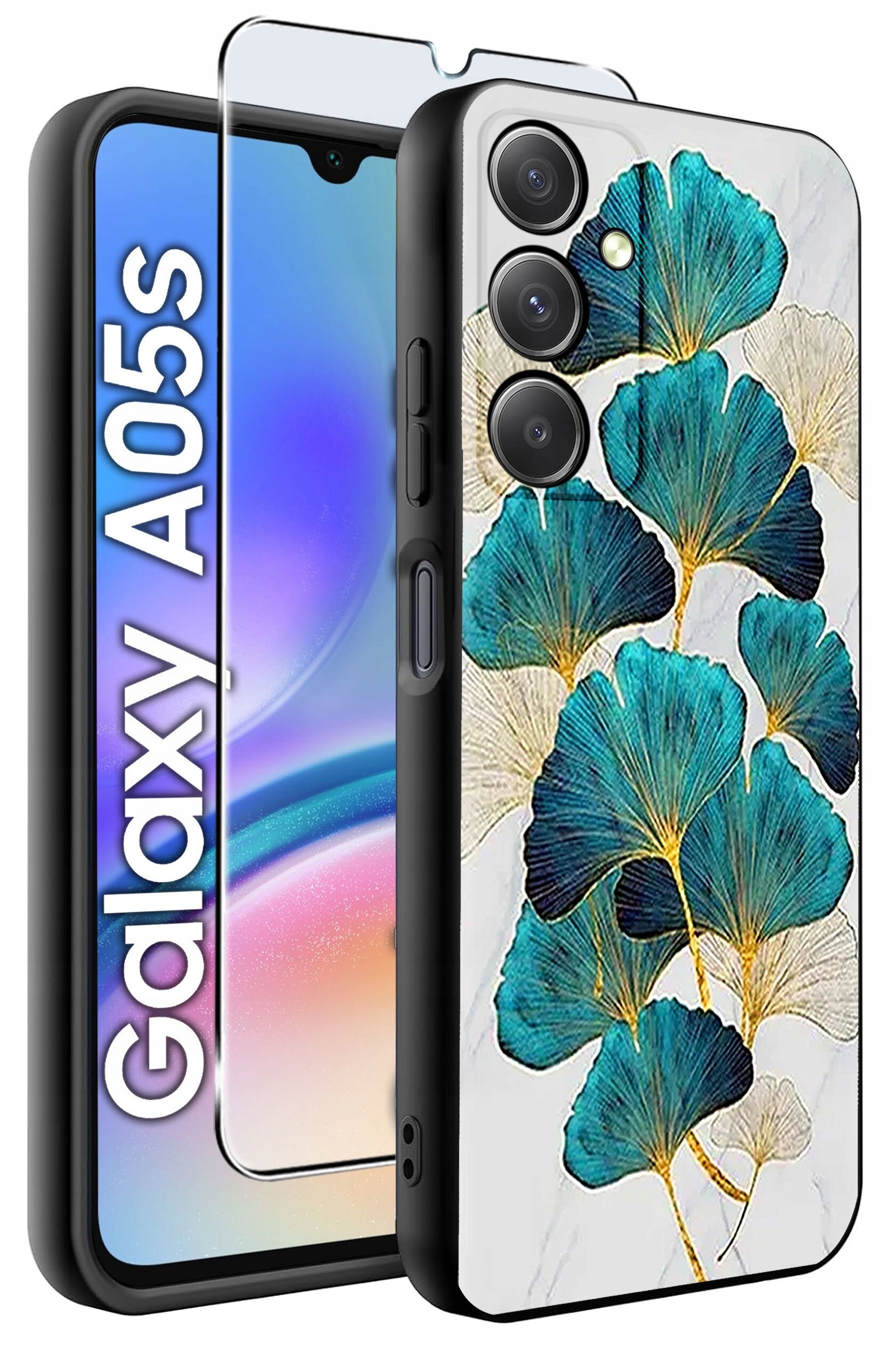 Obraz przedstawia etui na telefon z wzorem niebiesko-zielonych liści na białym tle oraz szkło ochronne. Obok widoczny jest telefon z napisem \'Galaxy A05s\'.
