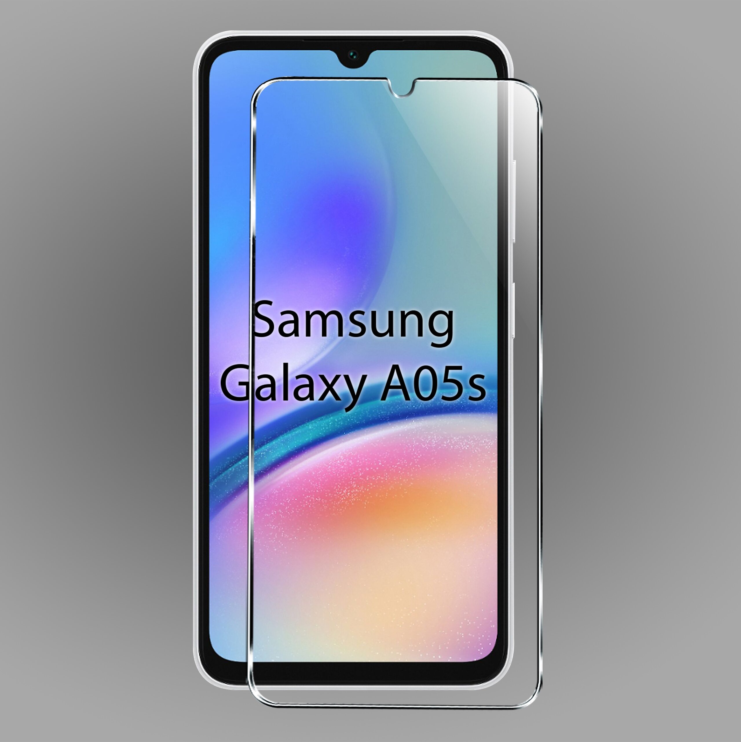 Obraz przedstawia telefon Samsung Galaxy A05s z nałożonym szkłem ochronnym. Na ekranie widoczny jest gradientowy wzór w odcieniach fioletu i pomarańczu.
