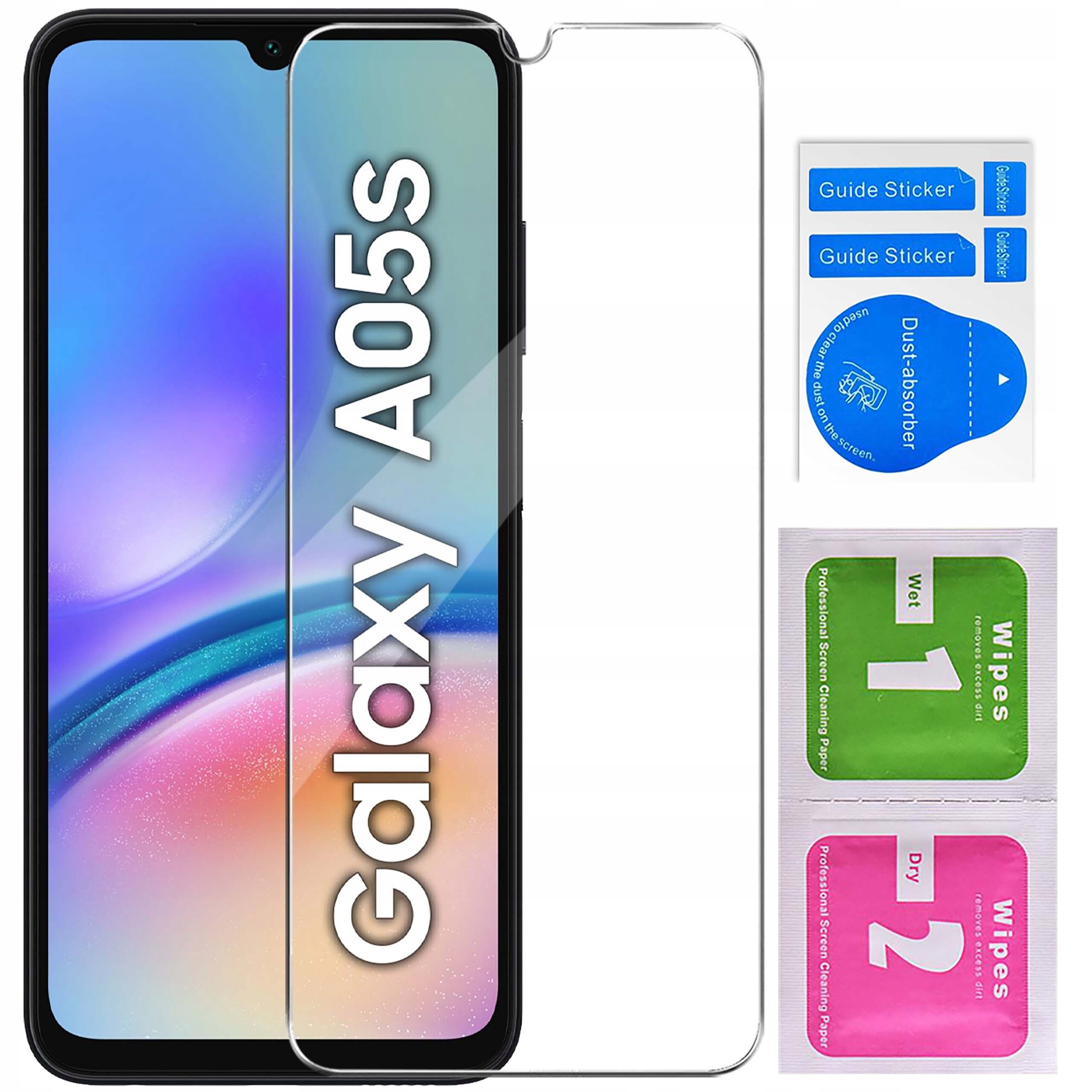 Obraz przedstawia telefon z napisem \'Galaxy A05s\' oraz przezroczystą osłoną ekranu. Obok znajdują się naklejki \'Guide Sticker\', \'Dust-absorber\' oraz chusteczki \'Wet 1\' i \'Dry 2\'.