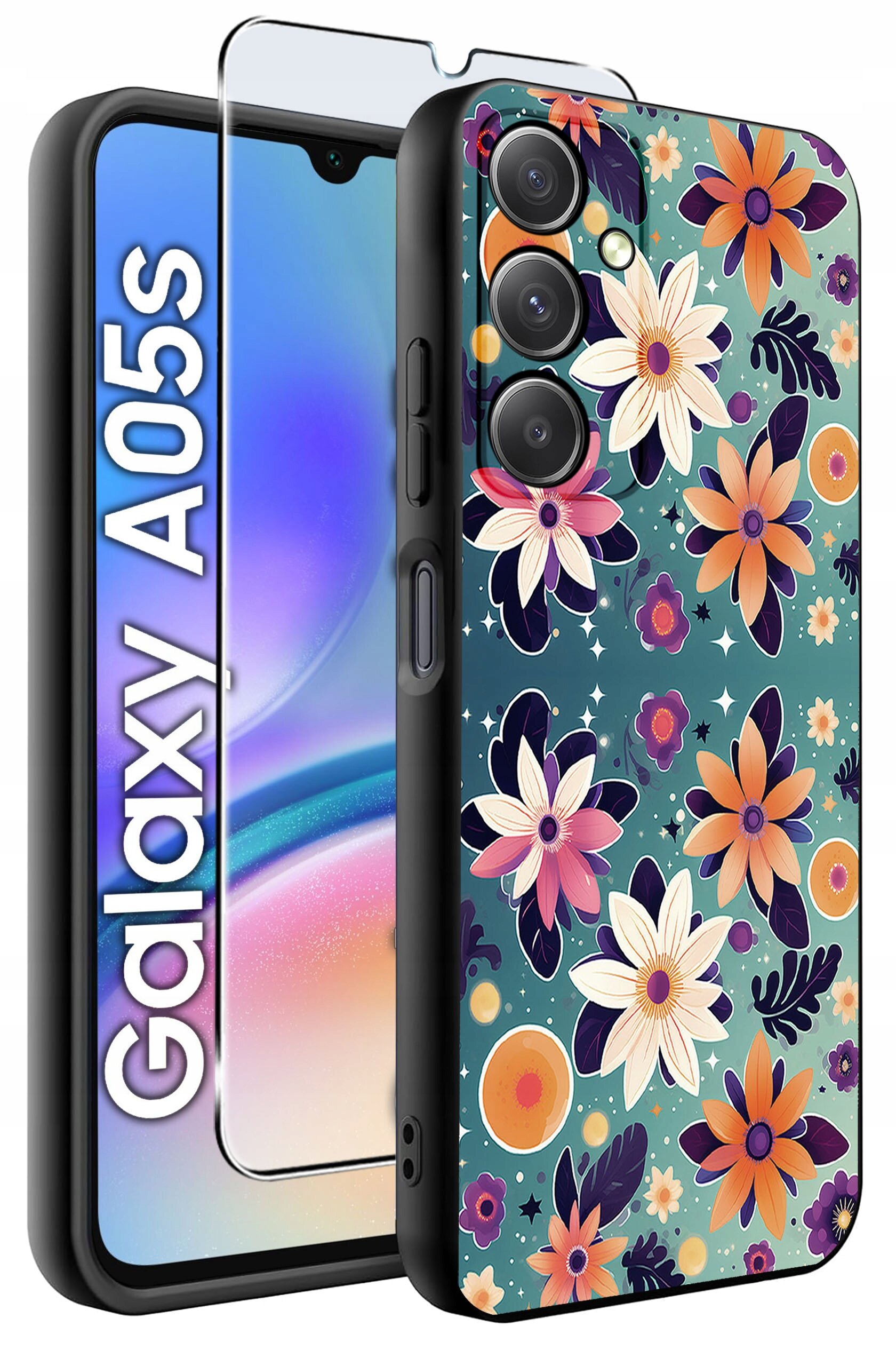Etui na telefon z kolorowym wzorem kwiatowym oraz szkło ochronne. Obok widoczny napis \'Galaxy A05s\'.