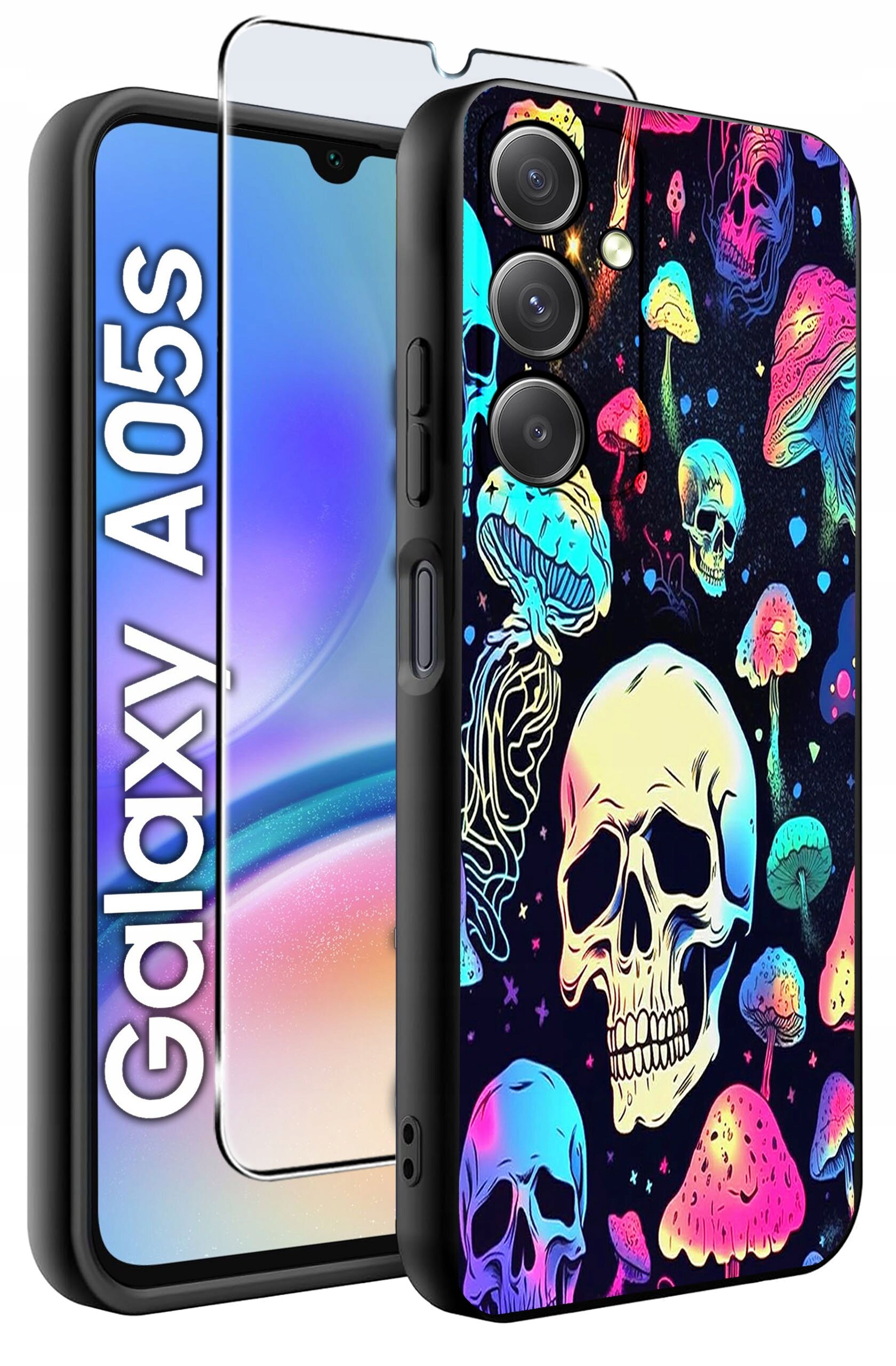 Obraz przedstawia etui na telefon z kolorowym wzorem czaszek i grzybów oraz szkło ochronne. Obok widoczny jest telefon z napisem \'Galaxy A05s\'.