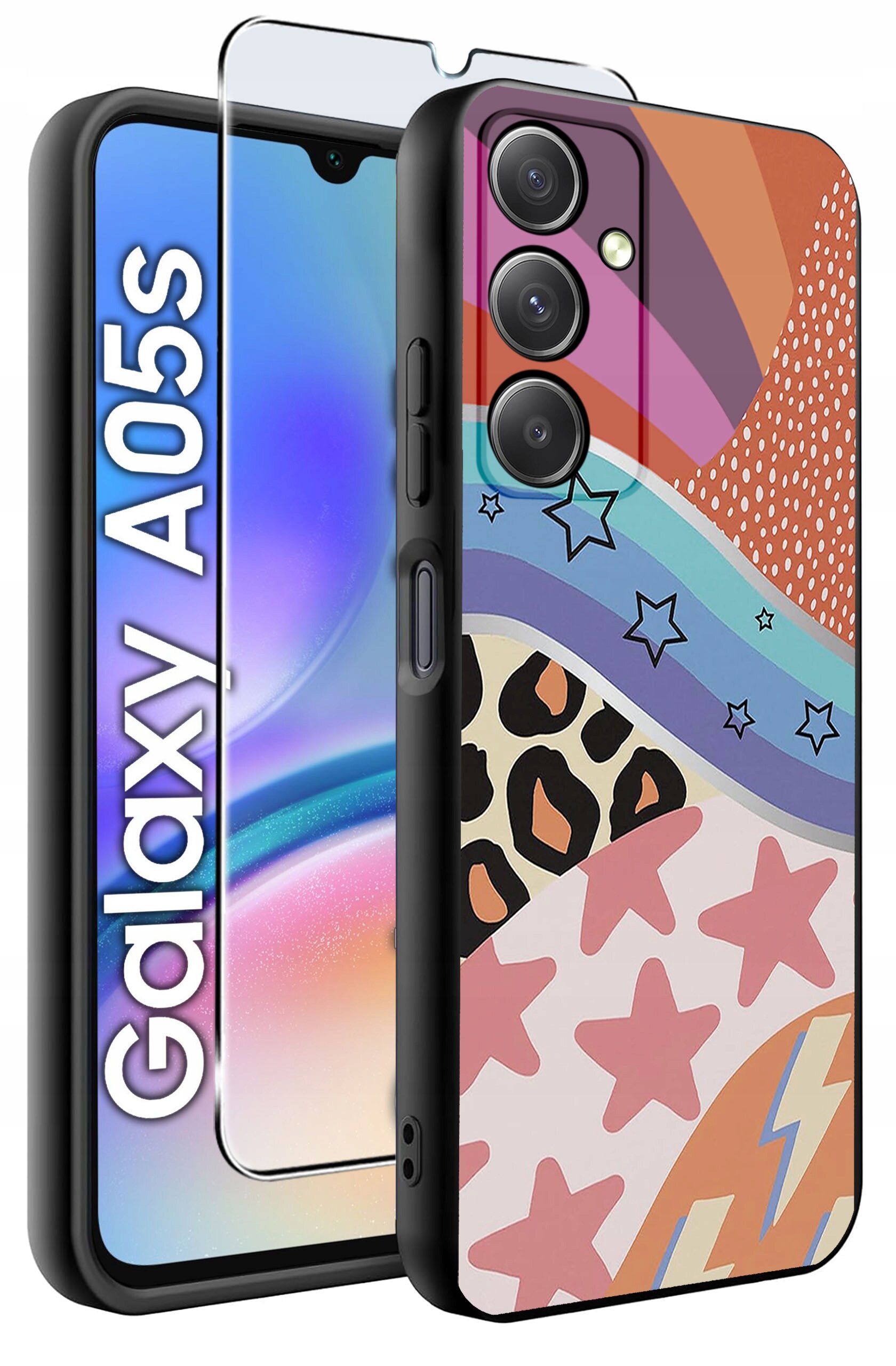 Etui na telefon z kolorowymi wzorami, w tym gwiazdy, paski i kropki, obok którego znajduje się szkło ochronne. Na ekranie telefonu widoczny jest napis \'Galaxy A05s\'.