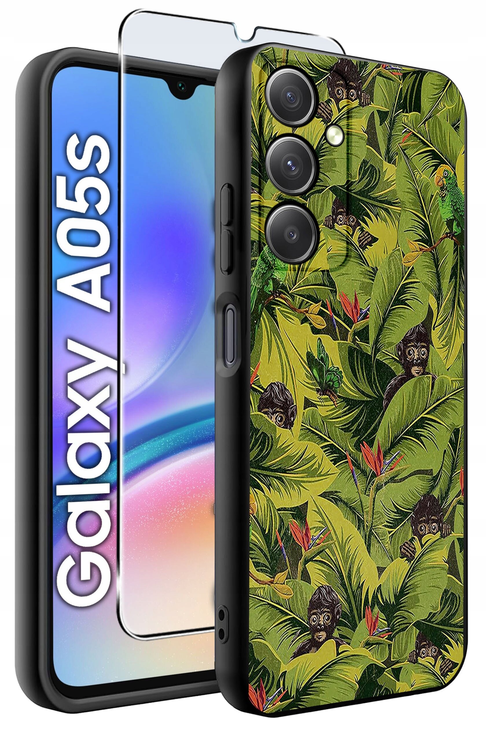 Etui na telefon z motywem tropikalnym, przedstawiające zielone liście i małpy, obok szkło ochronne. Obok widoczny napis \'Galaxy A05s\'.