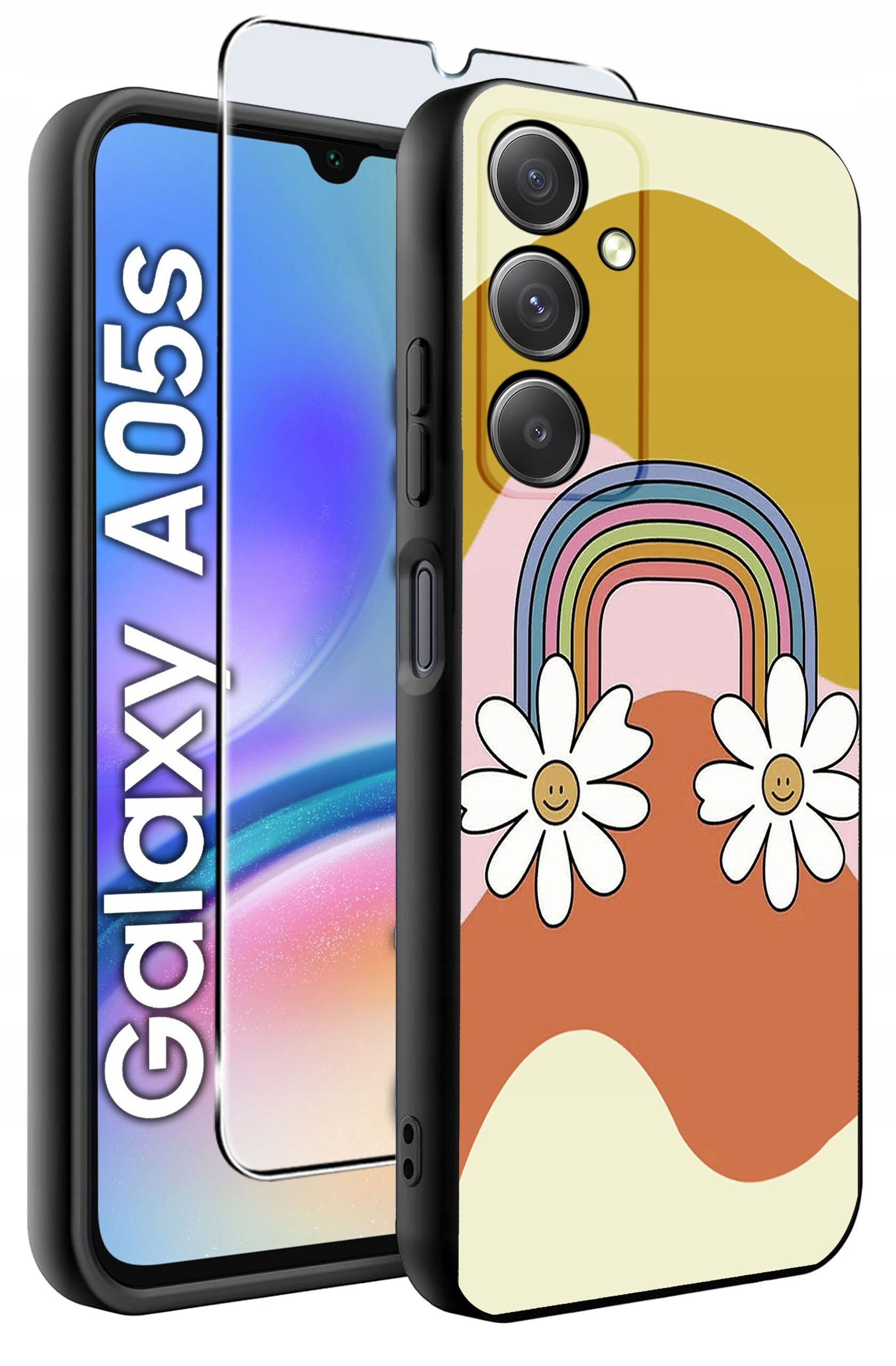 Etui do telefonu z kolorowym wzorem tęczy i kwiatów oraz szkło ochronne. Obok widoczny jest napis \'Galaxy A05s\'.