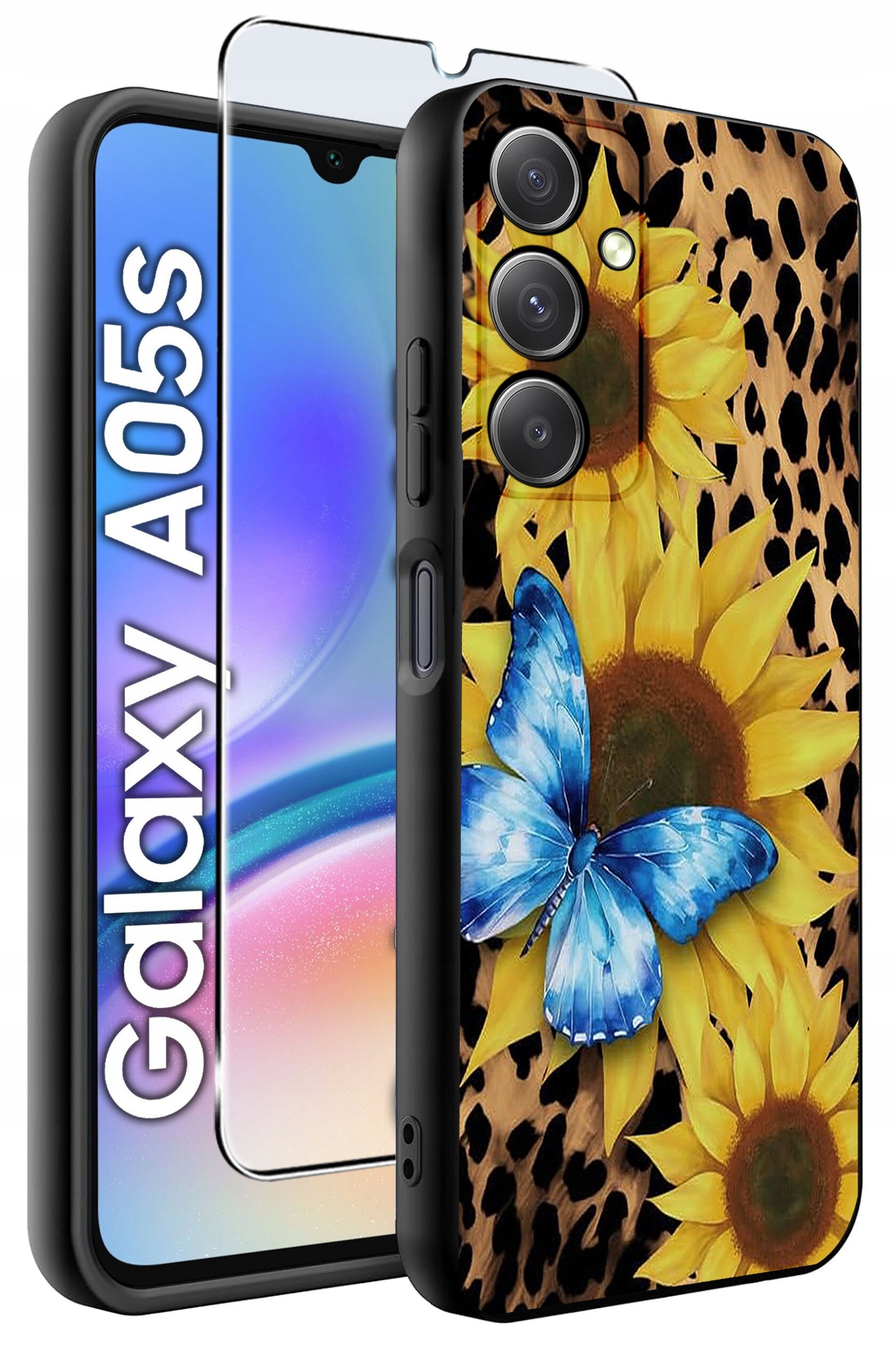 Etui na telefon z motywem słoneczników i niebieskiego motyla na tle w cętki, obok widoczny jest telefon z napisem \'Galaxy A05s\'.