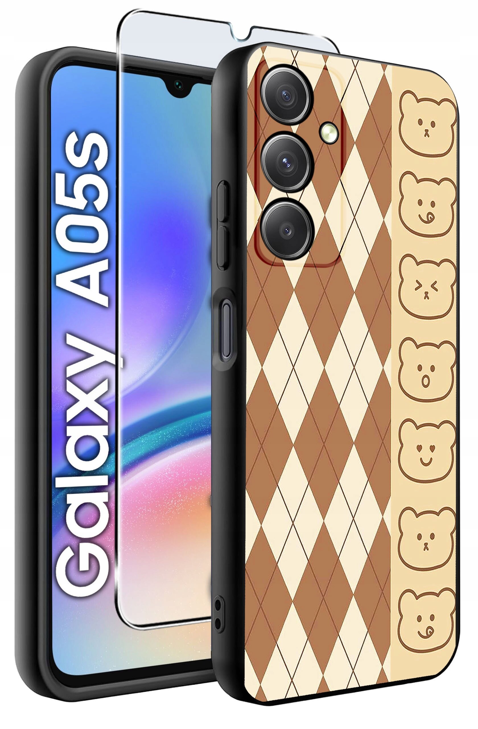 Obraz przedstawia etui na telefon z wzorem w romby i rysunkami misiów na brązowym tle. Obok etui widoczny jest napis \'Galaxy A05s\' oraz szkło ochronne na ekran.