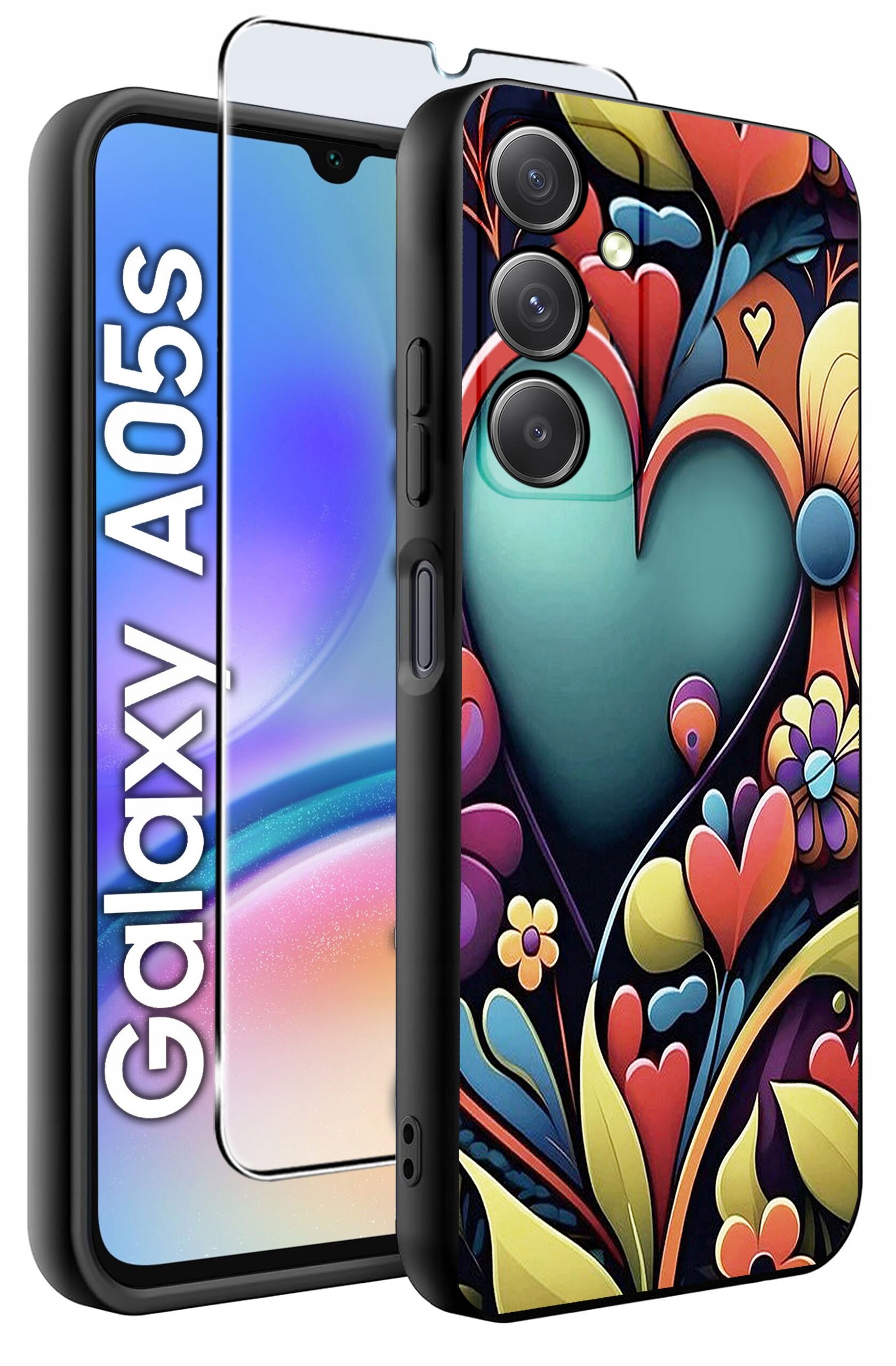 Obraz przedstawia etui na telefon z kolorowym wzorem serc i kwiatów oraz szkło ochronne. Obok widoczny jest telefon z napisem \'Galaxy A05s\'.