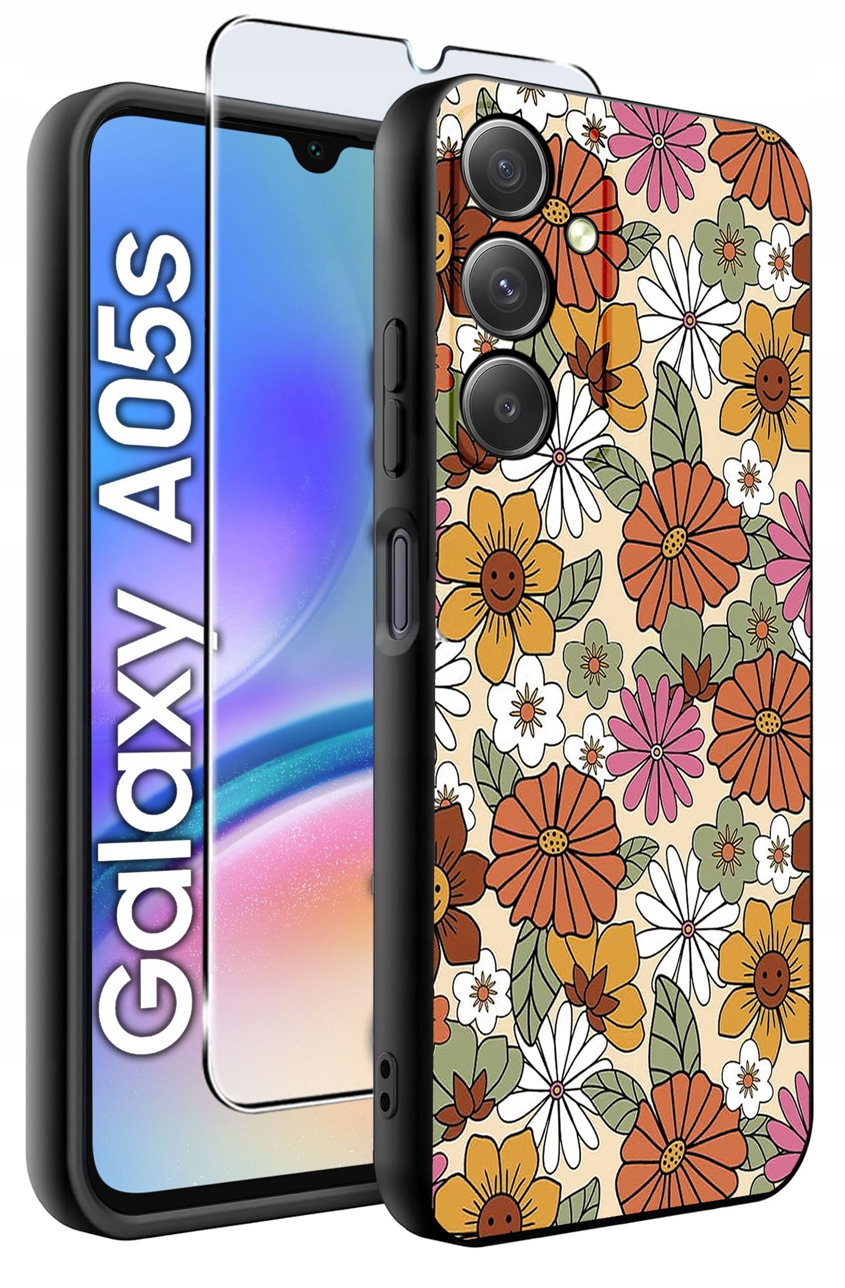 Obraz przedstawia etui na telefon z kolorowym wzorem kwiatów oraz szkło ochronne. Obok widoczny jest napis \'Galaxy A05s\'.