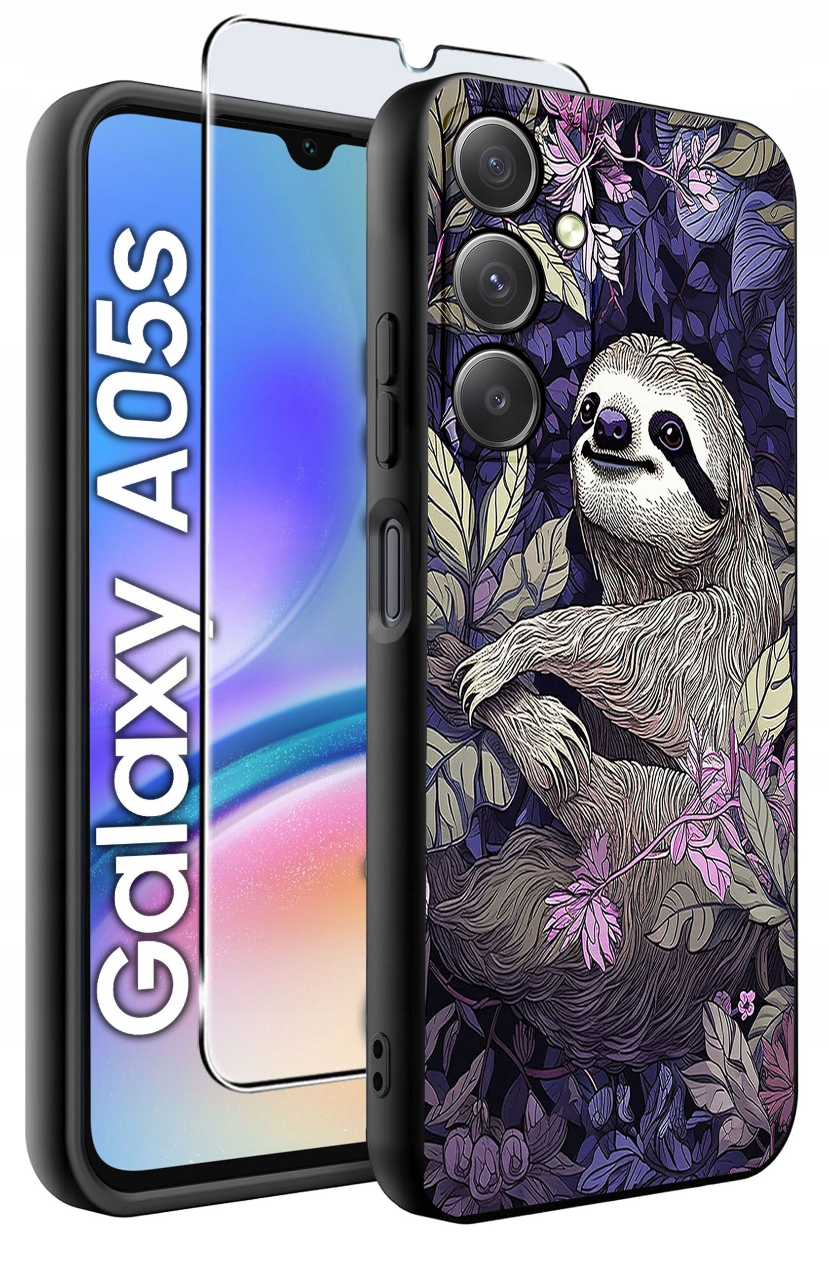 Etui na telefon z nadrukiem leniwca wśród liści i kwiatów, obok widoczny jest telefon z napisem \'Galaxy A05s\'.