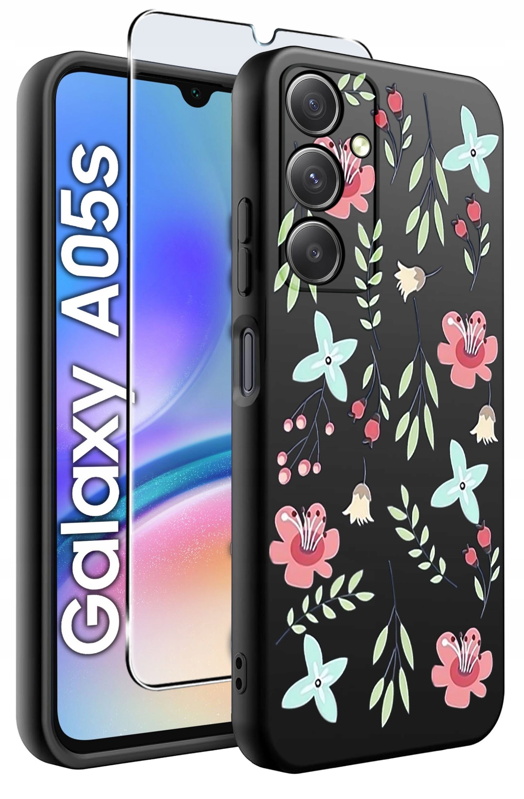 Na obrazie widoczne jest czarne etui z kolorowymi kwiatowymi wzorami oraz szkło ochronne na telefon Galaxy A05s. Obok etui znajduje się ekran telefonu z napisem \'Galaxy A05s\'.