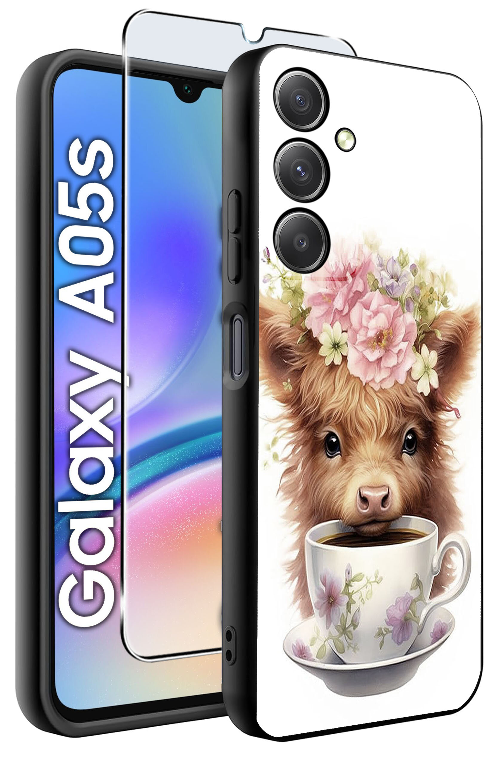 Etui na telefon z nadrukiem przedstawiającym zwierzę z kwiatami na głowie i filiżanką. Obok widoczny jest napis \'Galaxy A05s\' oraz szkło ochronne na ekran.