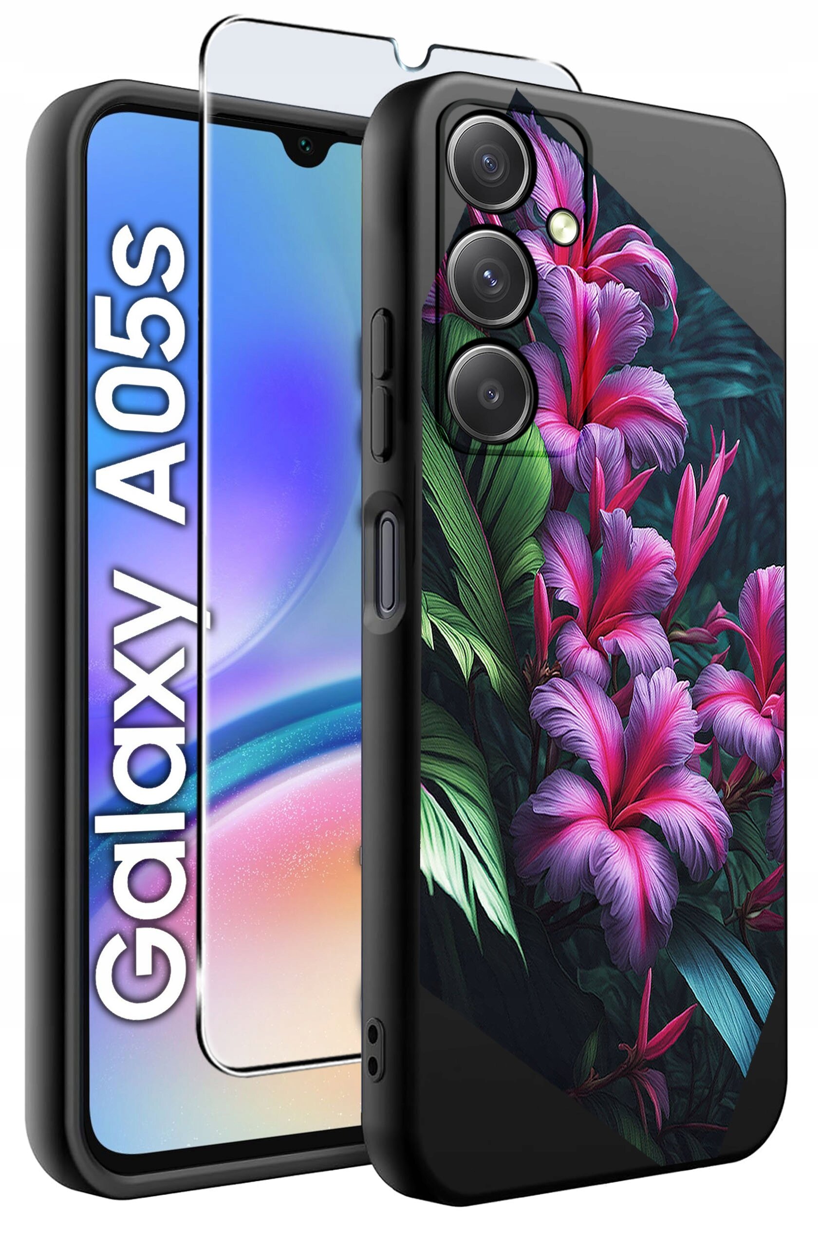 Etui na telefon z kolorowym wzorem kwiatów i liści, obok którego znajduje się szkło ochronne. Na ekranie telefonu widoczny jest napis \'Galaxy A05s\'.