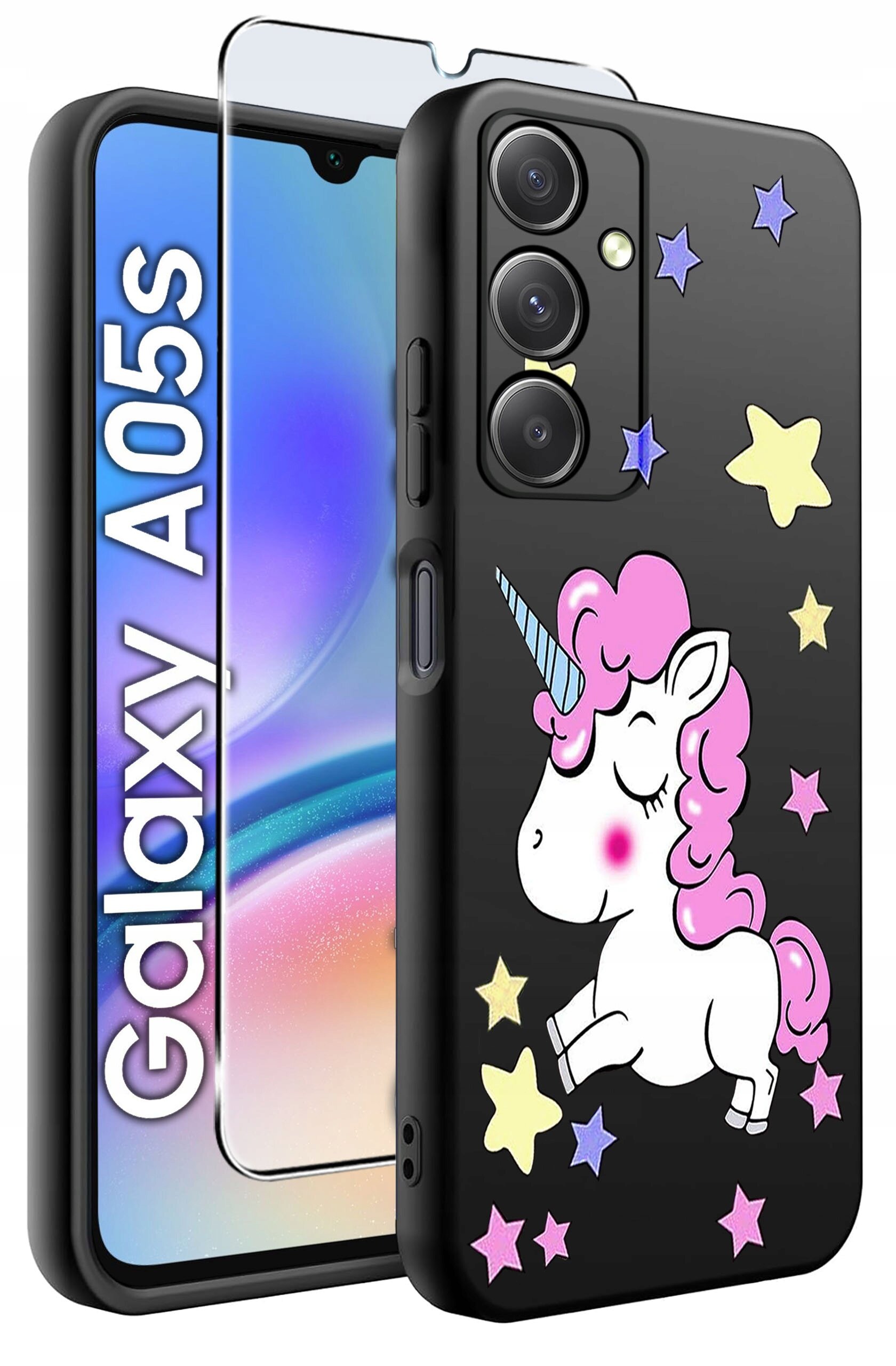 Etui na telefon z motywem jednorożca i kolorowymi gwiazdkami, obok którego znajduje się szkło ochronne. Na ekranie telefonu widoczny jest napis \'Galaxy A05s\'.