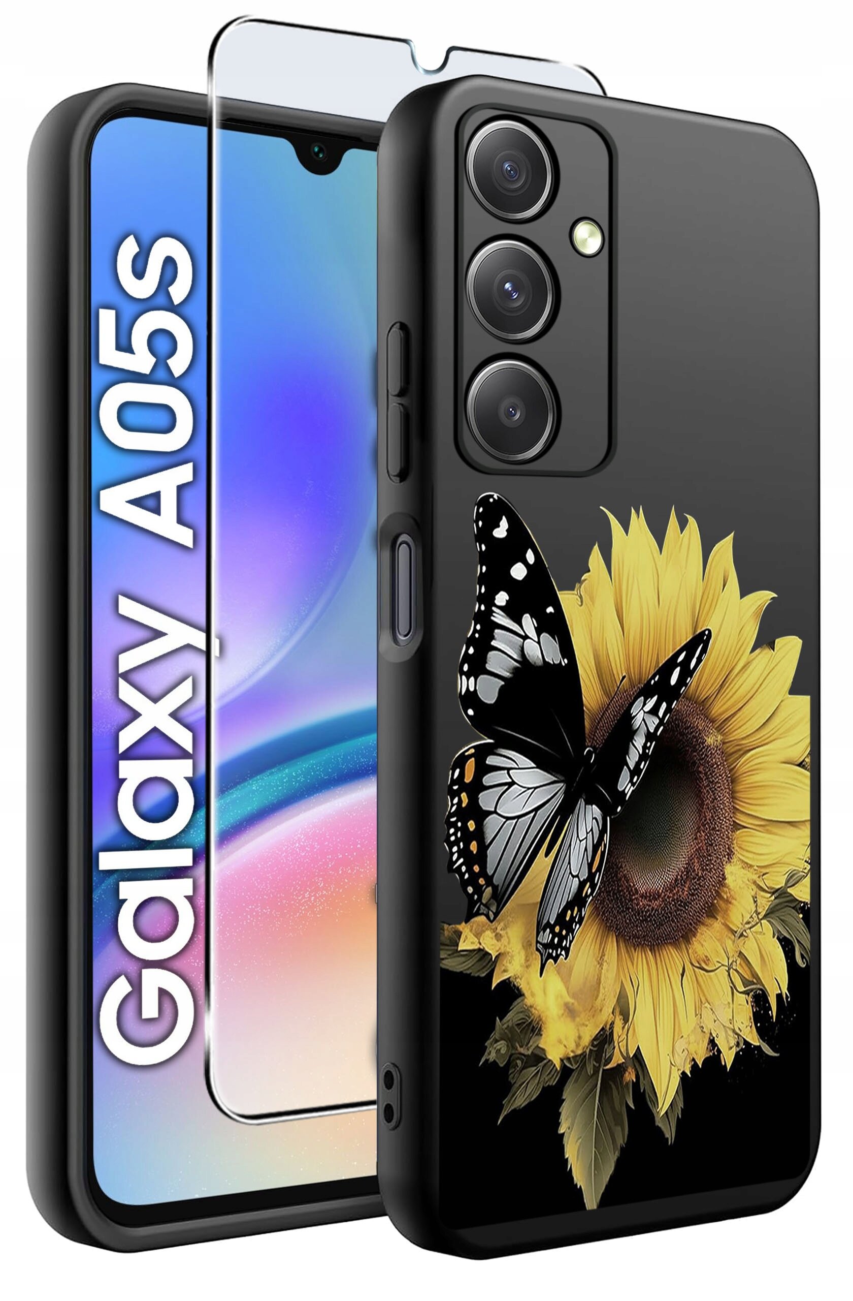 Obraz przedstawia czarne etui na telefon z nadrukiem słonecznika i motyla oraz szkło ochronne. Obok widoczny jest telefon z napisem \'Galaxy A05s\'.