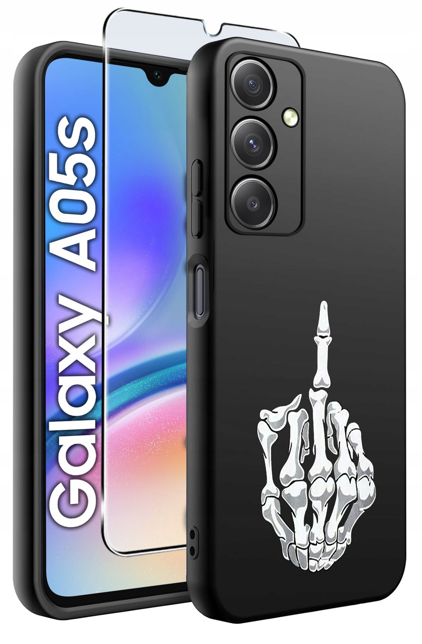 Obraz przedstawia czarne etui na telefon z nadrukiem białego szkieletu dłoni pokazującego środkowy palec. Obok etui widoczny jest telefon z napisem \'Galaxy A05s\' oraz szkło ochronne.