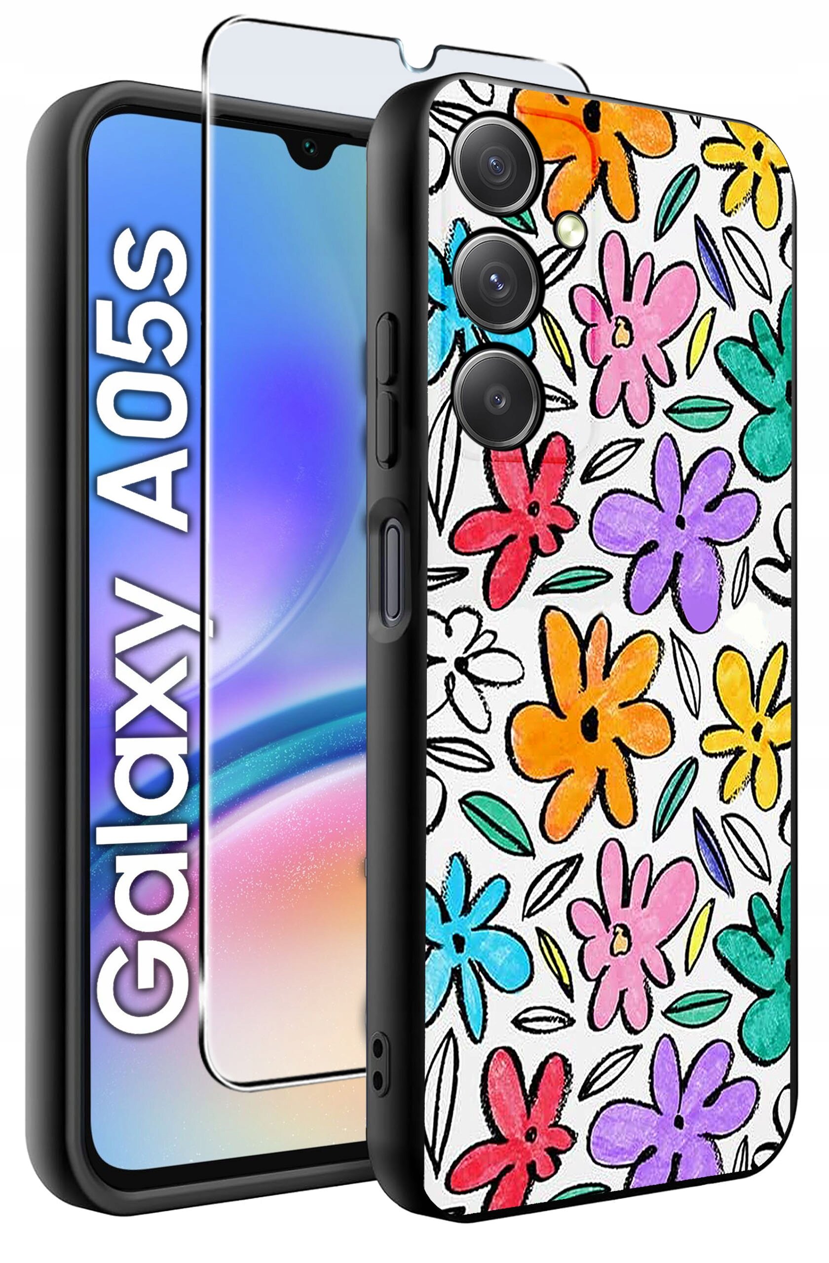Obraz przedstawia etui na telefon z kolorowym wzorem kwiatów oraz szkło ochronne. Obok widoczny jest napis \'Galaxy A05s\'.