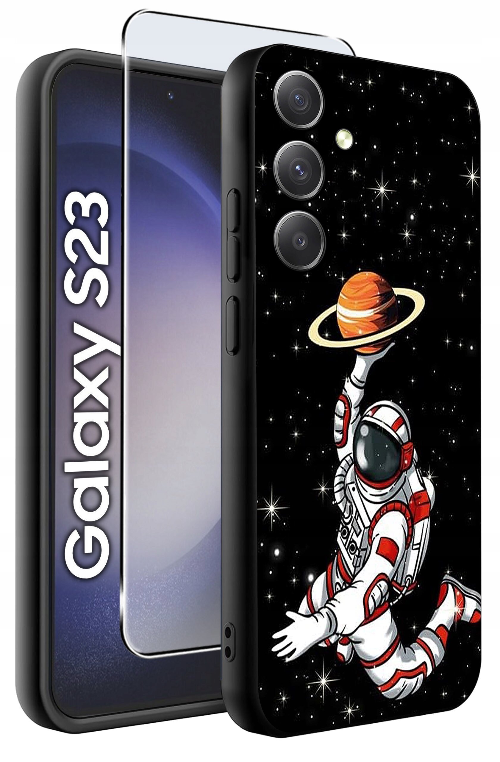 Etui na telefon z motywem astronauty trzymającego planetę z pierścieniami na tle gwiazd. Obok widoczny napis \'Galaxy S23\' oraz szkło ochronne.