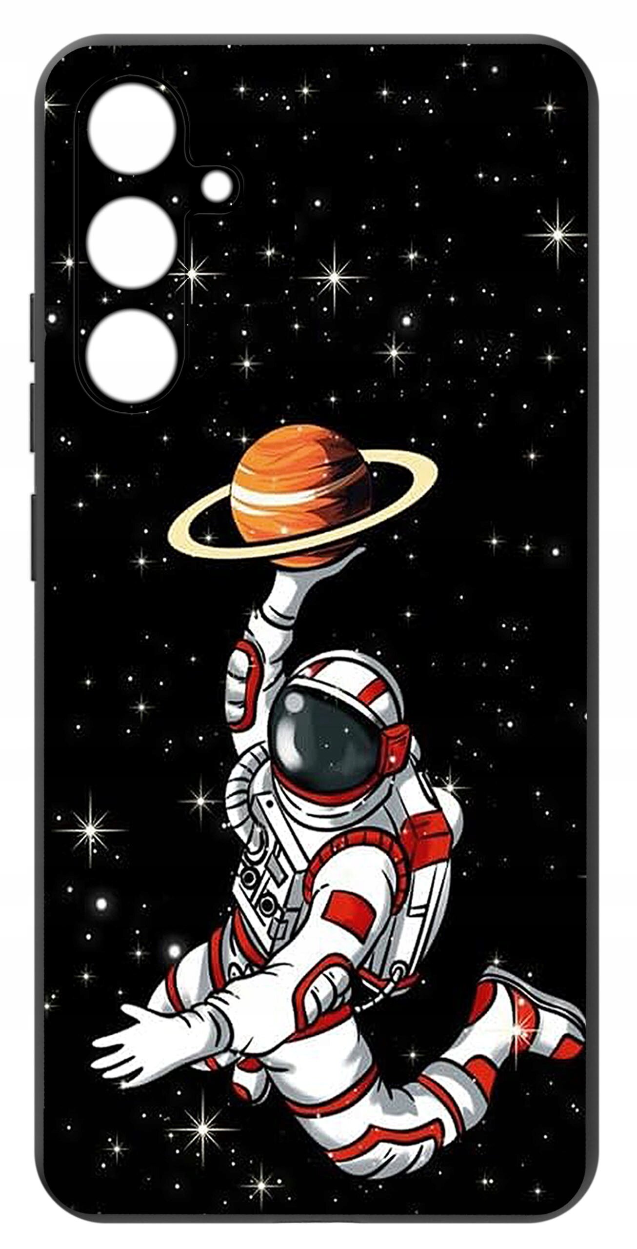 Etui na telefon z grafiką przedstawiającą astronautę w skafandrze, trzymającego planetę z pierścieniami na tle gwiaździstego nieba.