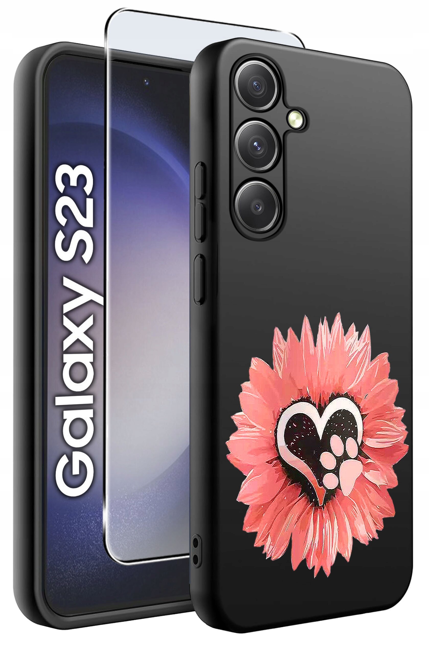 Czarne etui na telefon z różowym kwiatem i sercem z odciskiem łapy. Obok widoczny jest napis \'Galaxy S23\' oraz szkło ochronne.