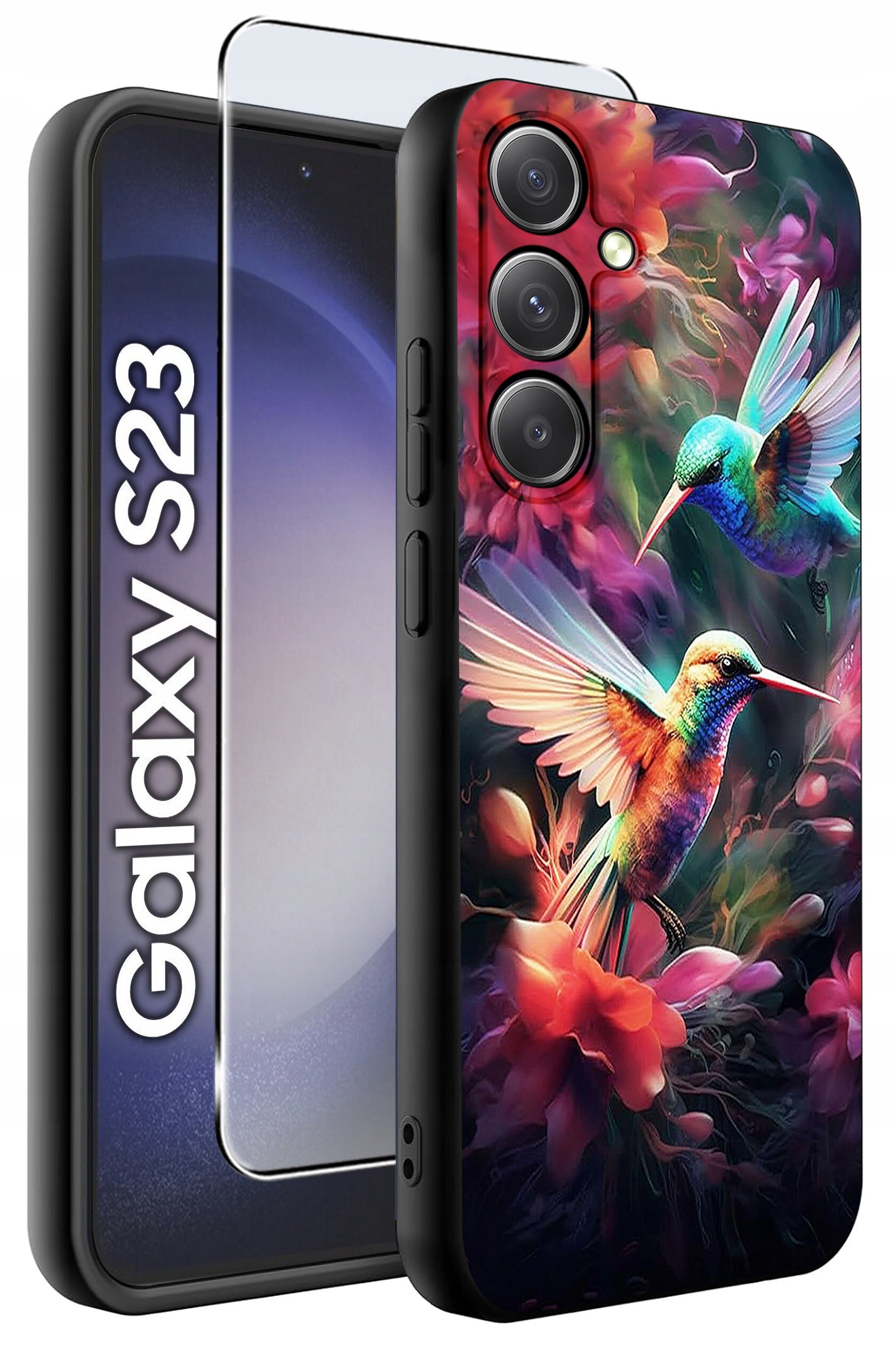 Etui na telefon z kolorowym wzorem przedstawiającym dwa kolibry wśród kwiatów, obok widoczne szkło ochronne. Na etui napis \'Galaxy S23\'.