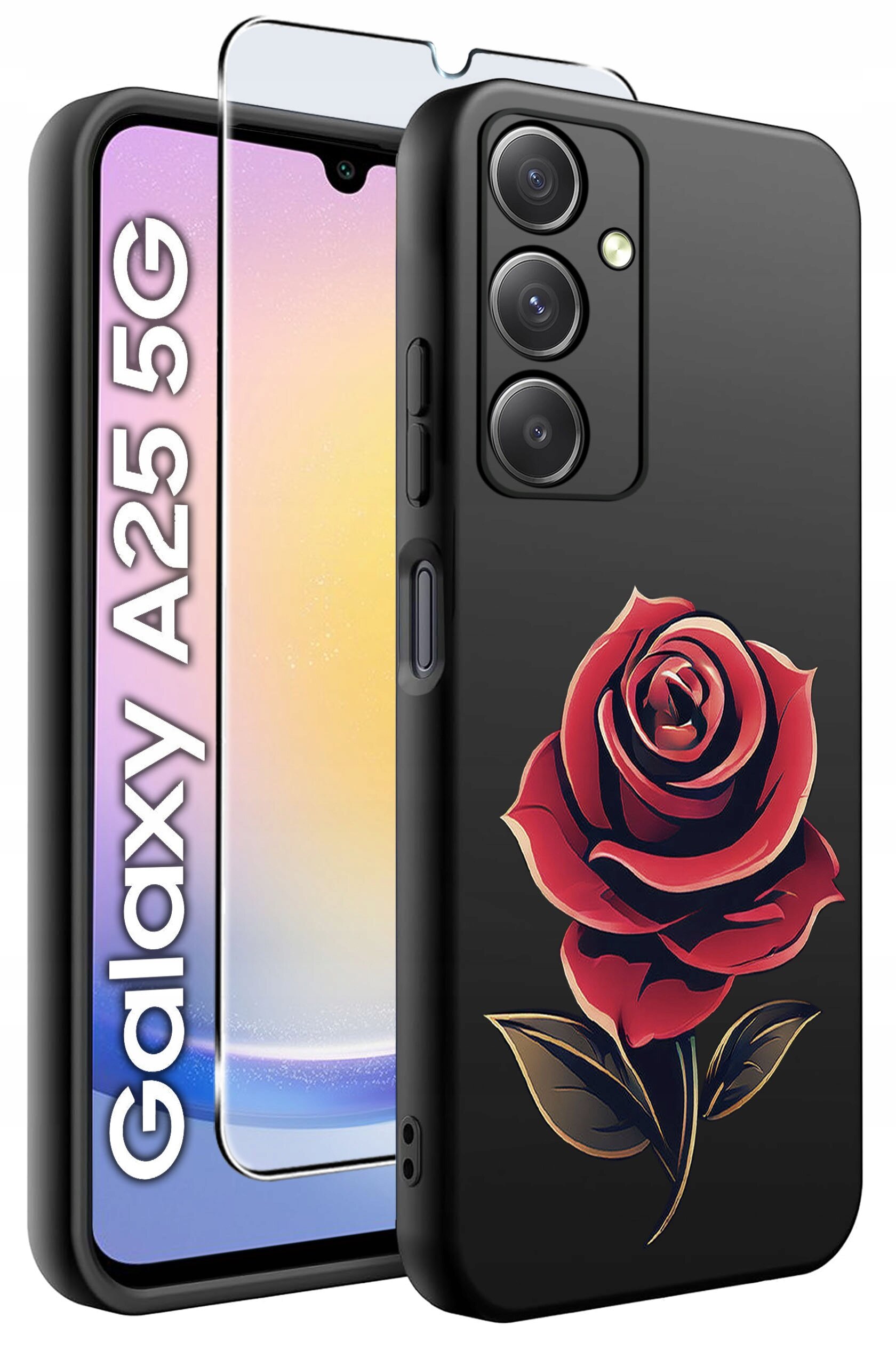 Czarne etui na telefon z nadrukiem czerwonej róży, obok którego znajduje się szkło hartowane. Na ekranie telefonu widoczny jest napis \'Galaxy A25 5G\'.